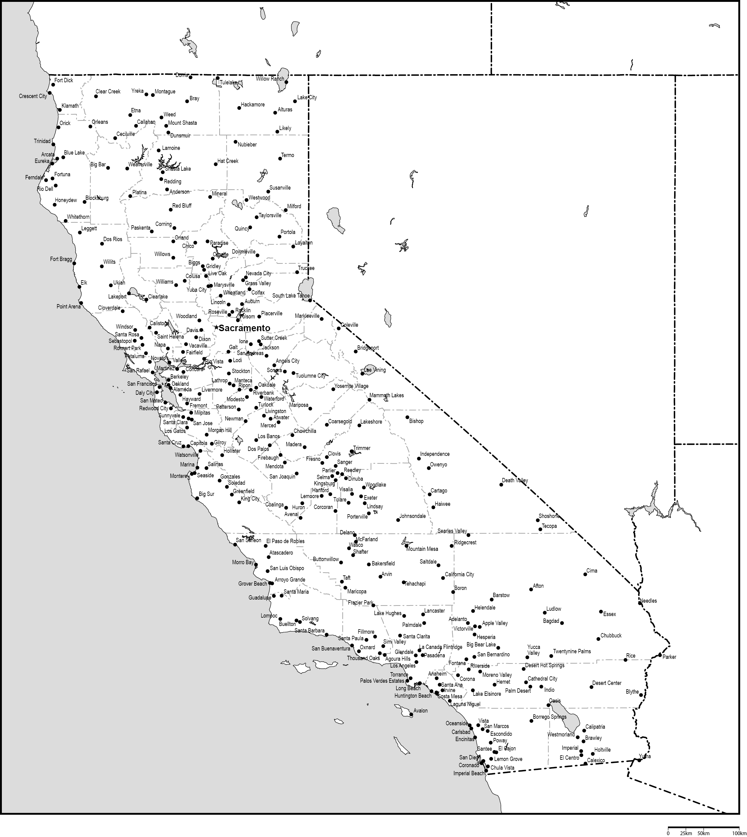 カリフォルニア州郡分け白地図州都・主な都市あり(英語)フリーデータの画像