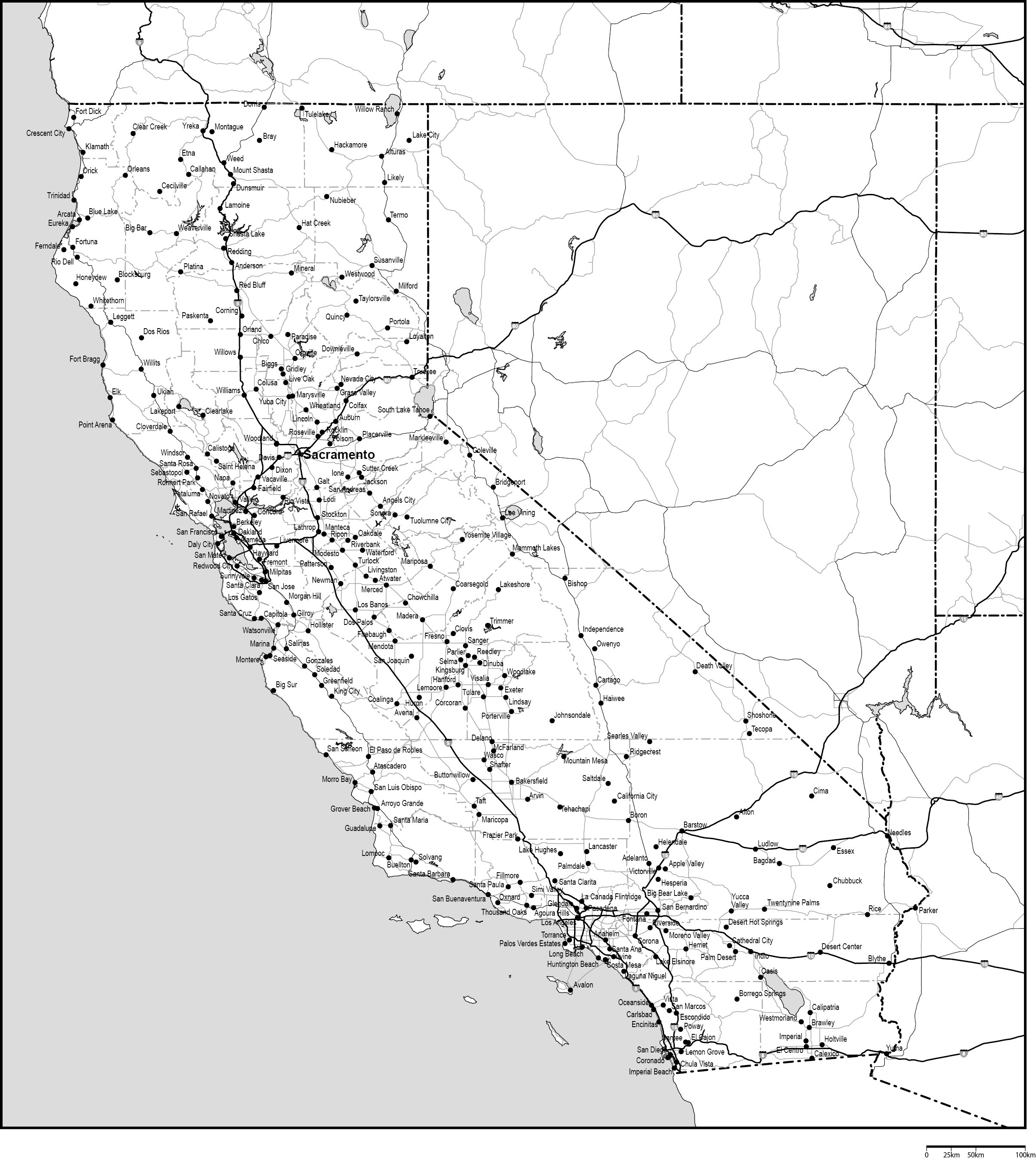 カリフォルニア州郡分け白地図州都・主な都市・道路あり(英語)フリーデータの画像