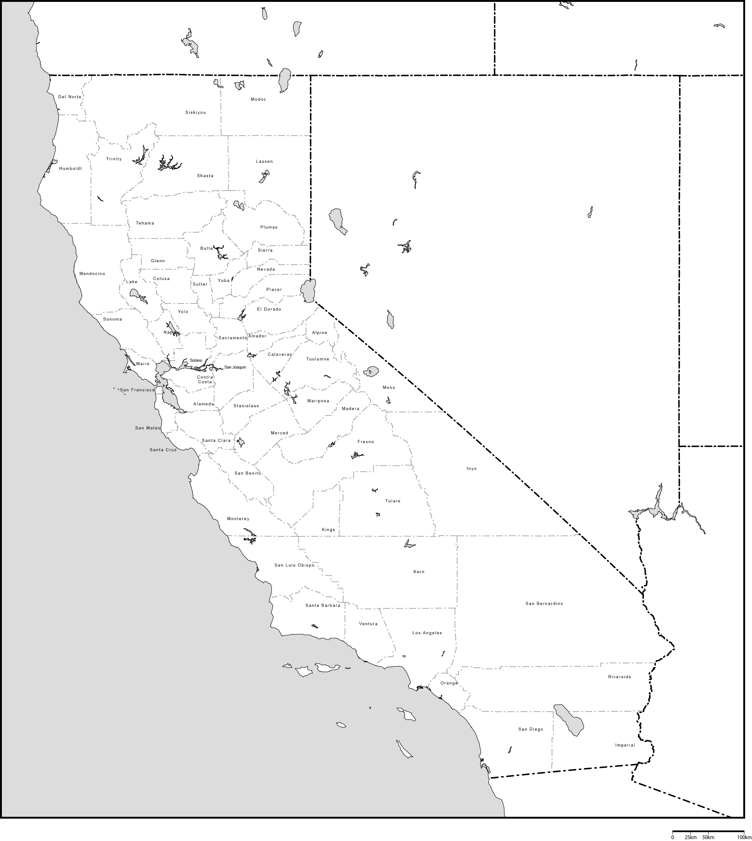 カリフォルニア州郡分け白地図郡名あり(英語)フリーデータの画像