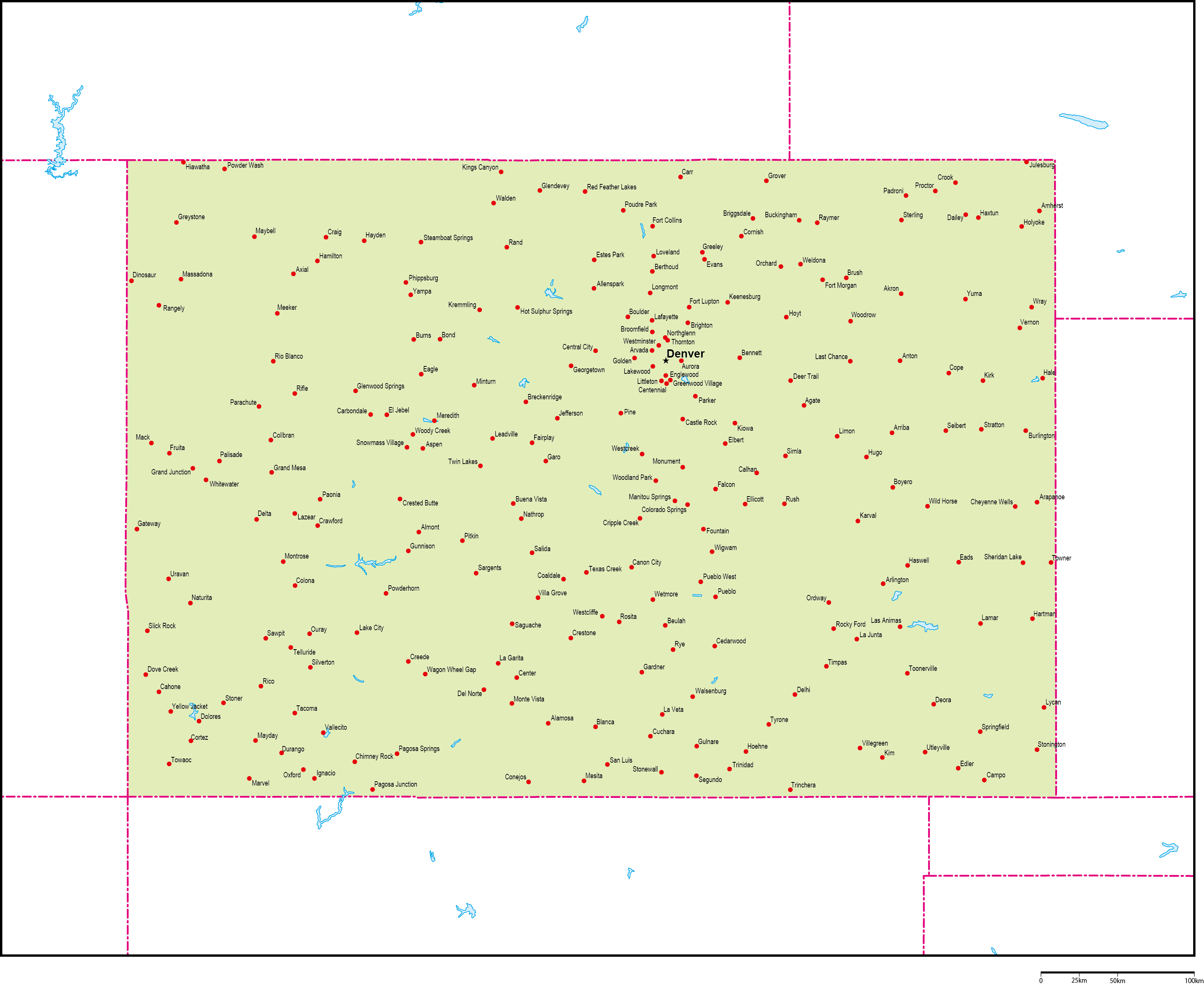 コロラド州地図州都・主な都市あり(英語)フリーデータの画像