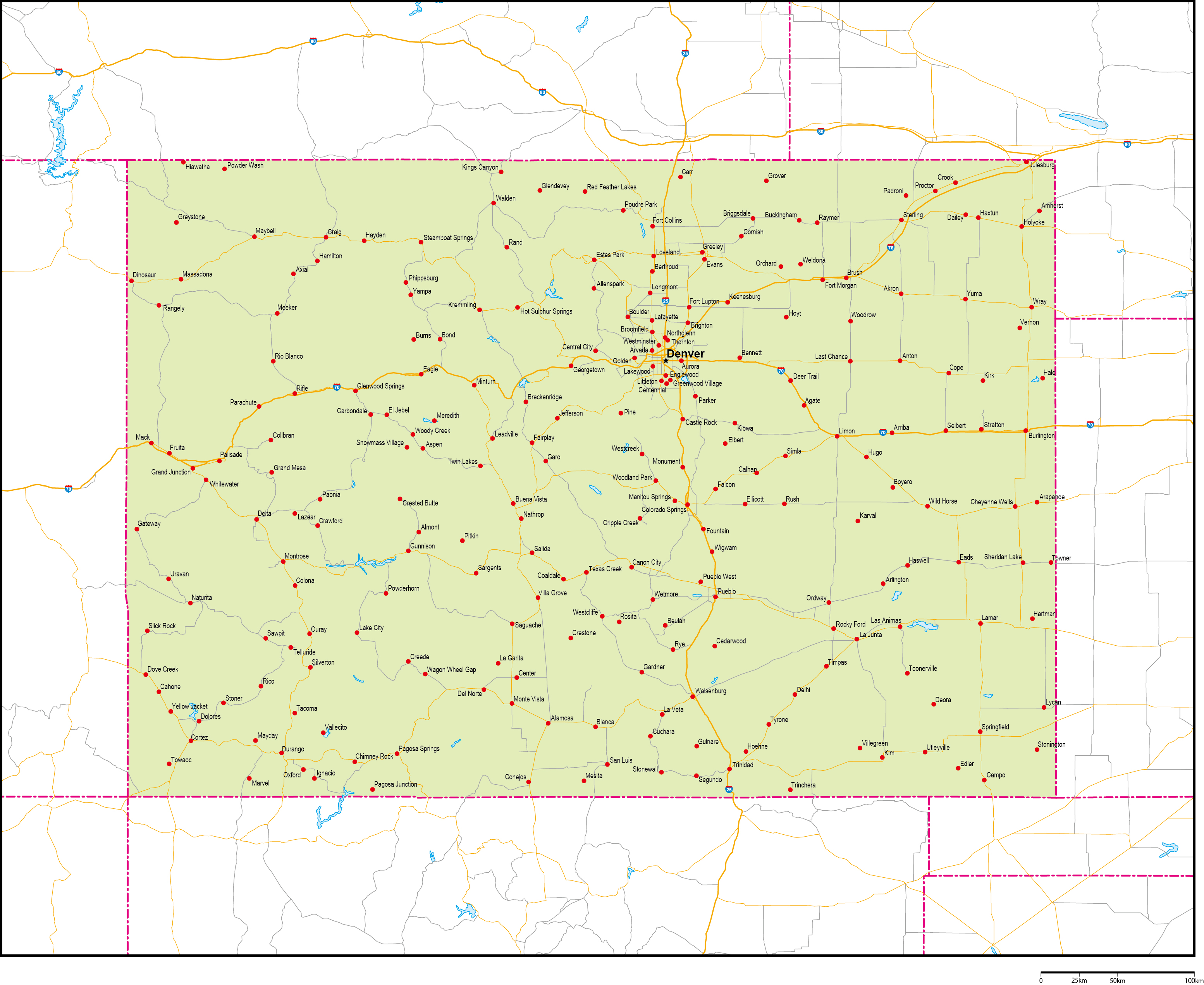 コロラド州地図州都・主な都市・道路あり(英語)フリーデータの画像