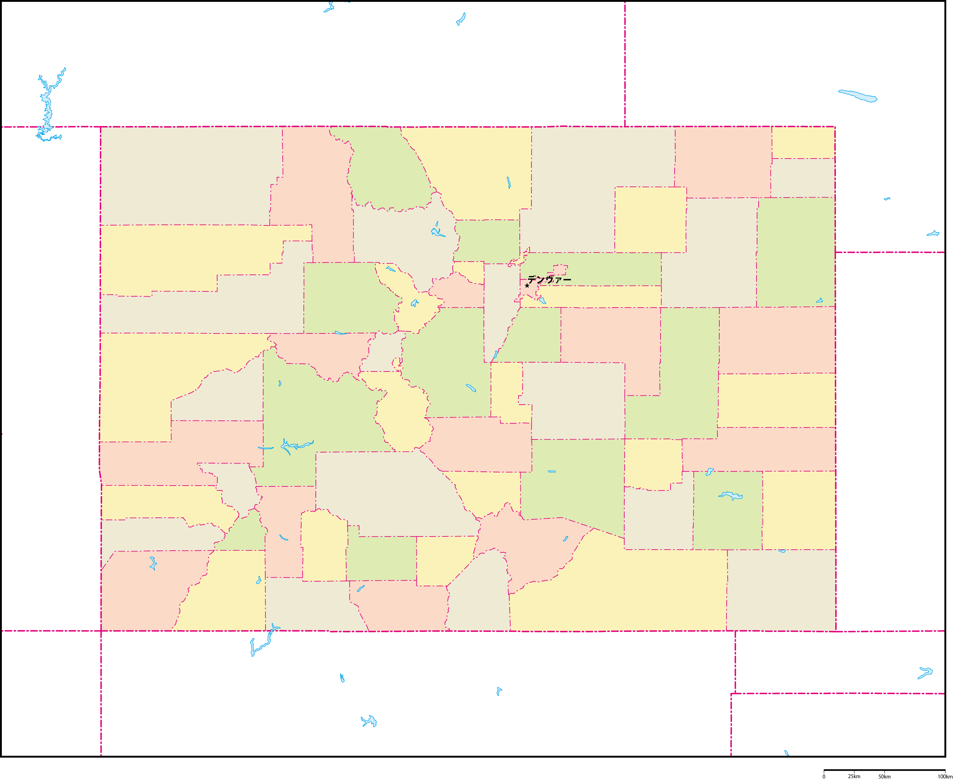 コロラド州郡色分け地図州都あり(日本語)フリーデータの画像