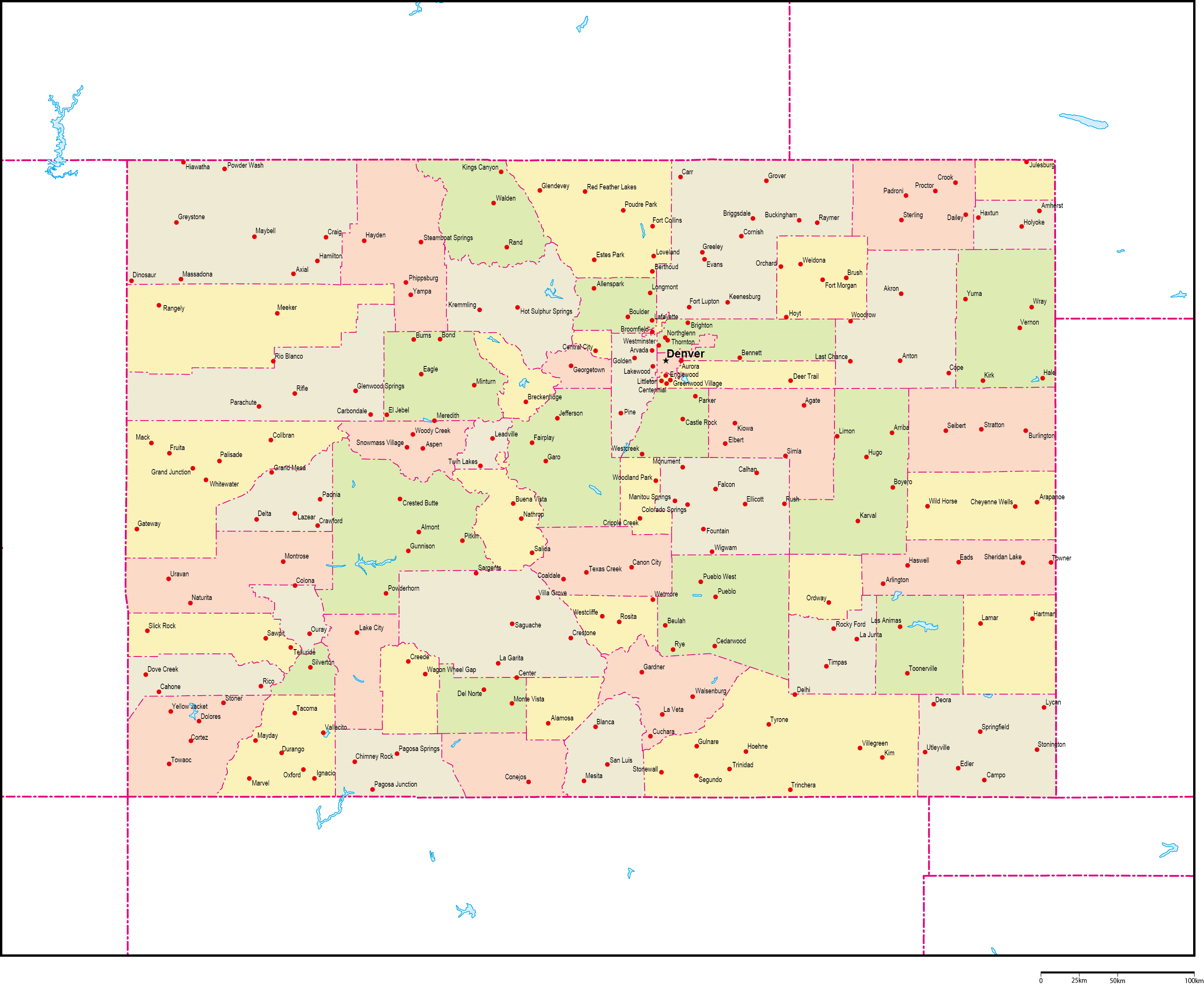 コロラド州郡色分け地図州都・主な都市あり(英語)フリーデータの画像