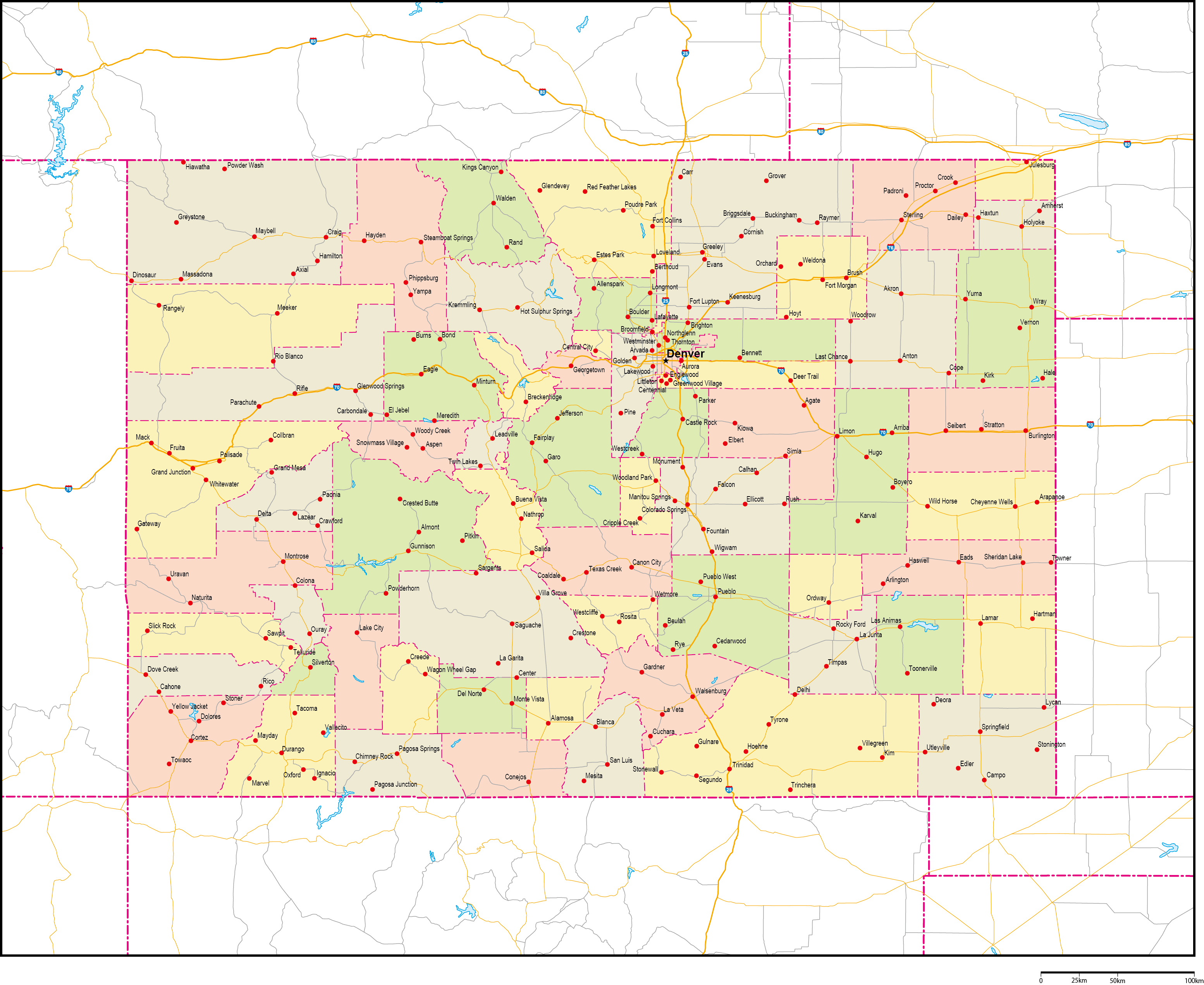 コロラド州郡色分け地図州都・主な都市・道路あり(英語)フリーデータの画像