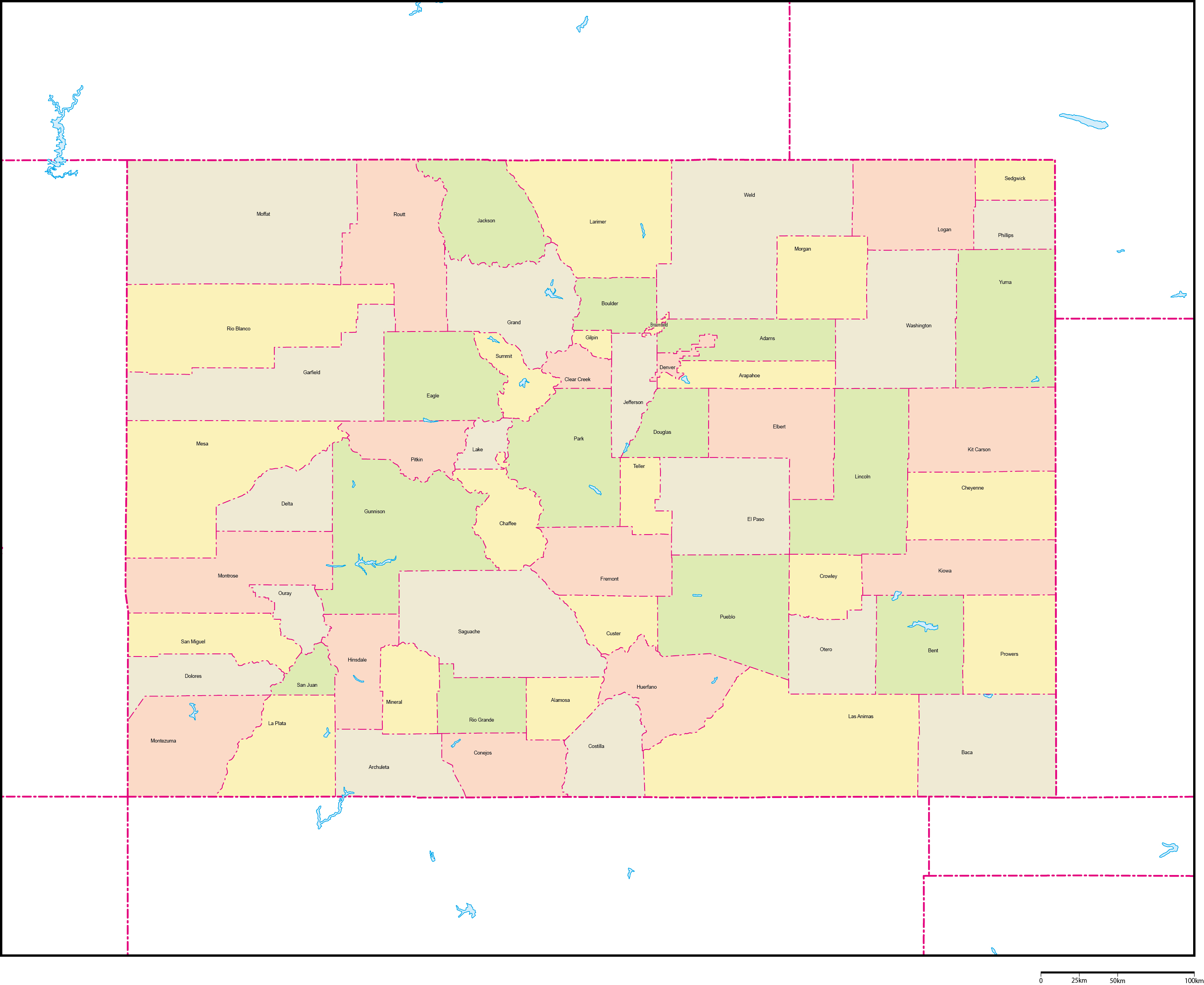 コロラド州郡色分け地図郡名あり(英語)フリーデータの画像