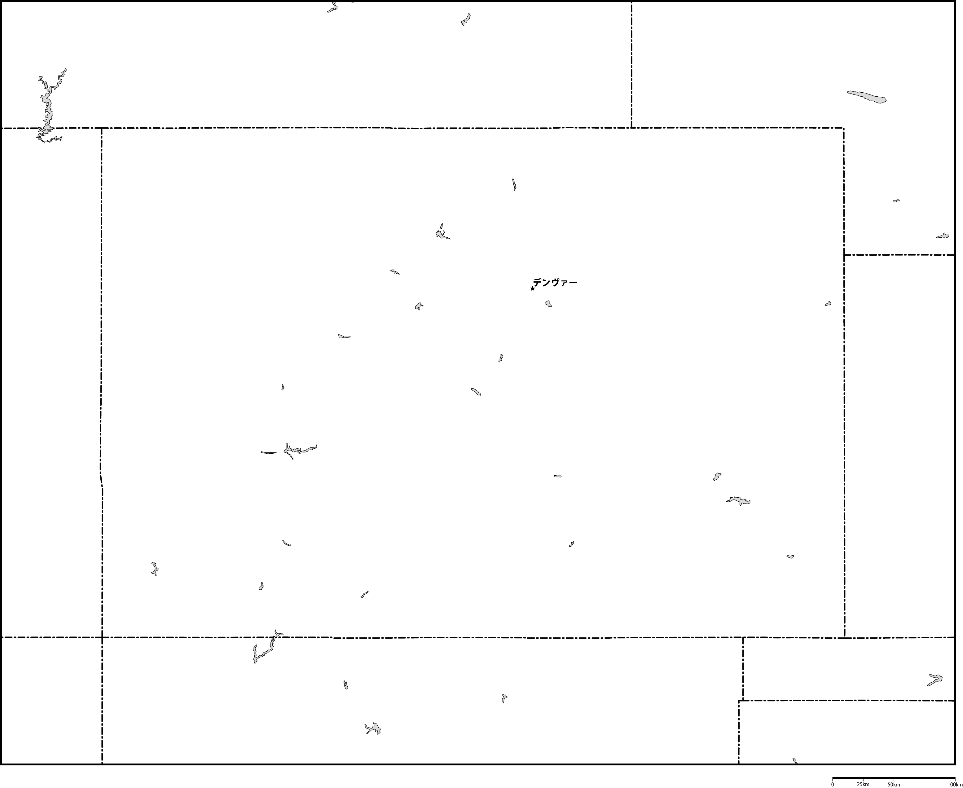 コロラド州白地図州都あり(日本語)フリーデータの画像