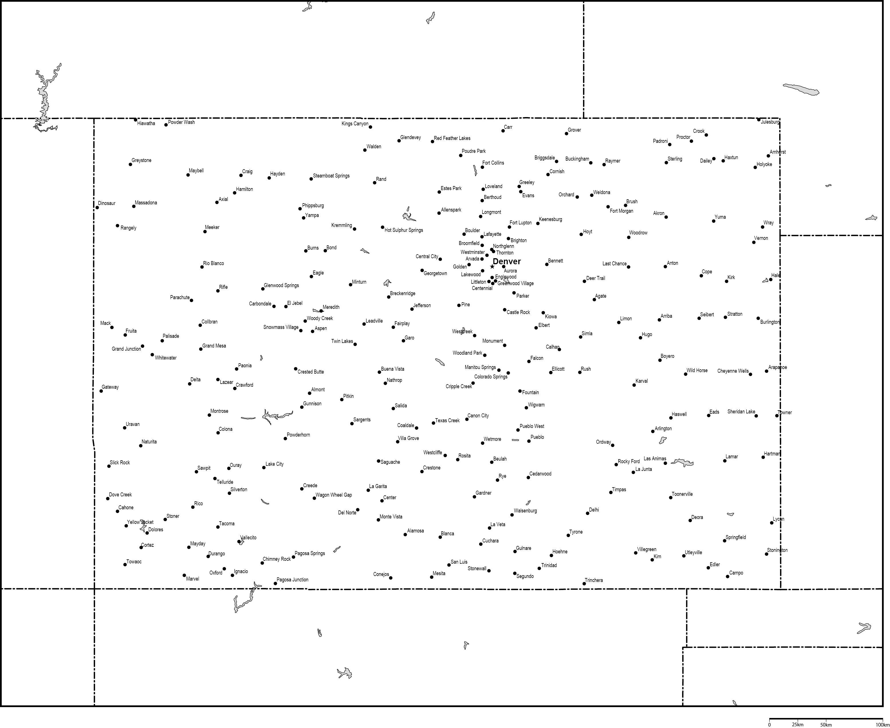 コロラド州白地図州都・主な都市あり(英語)フリーデータの画像