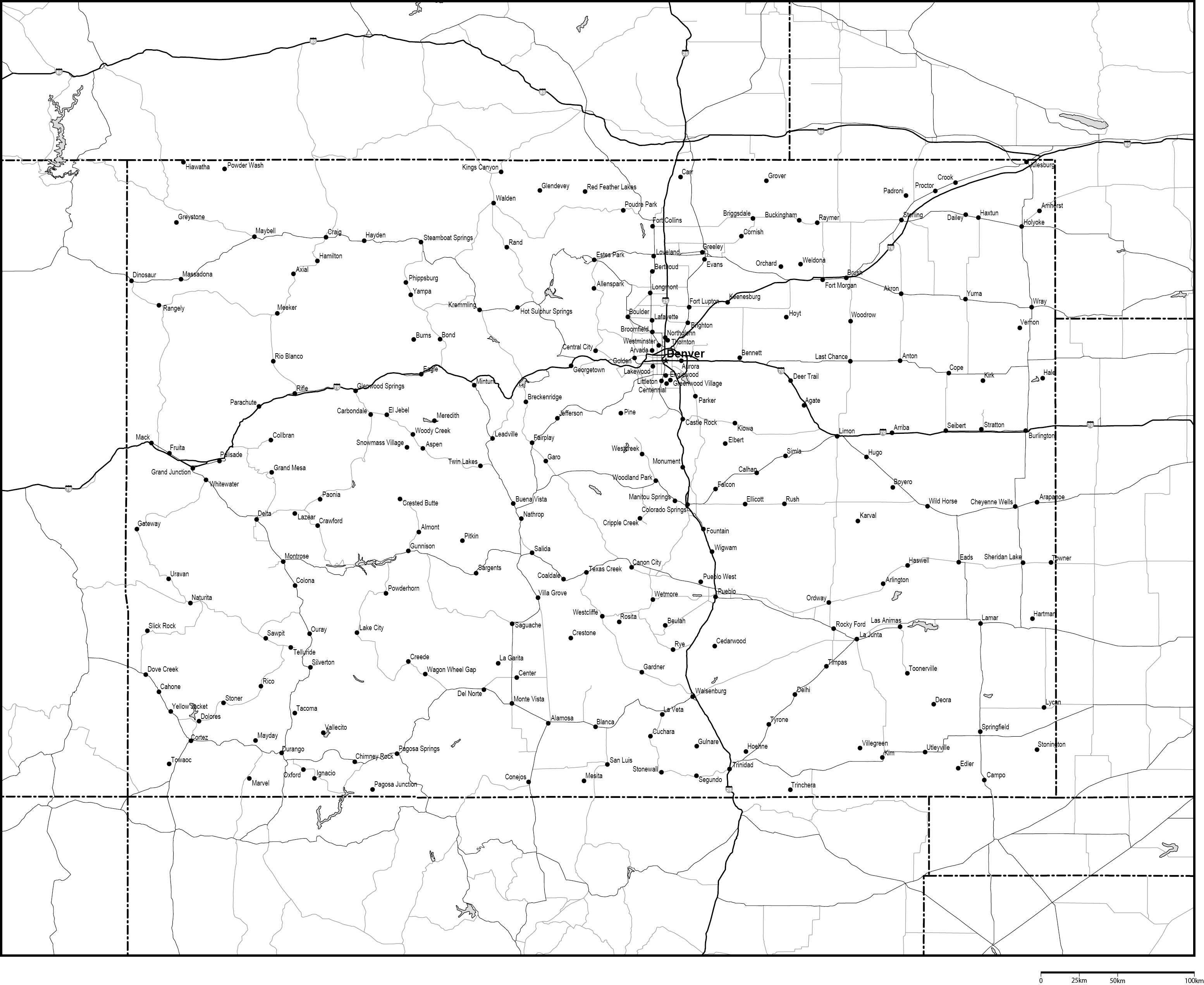 コロラド州白地図州都・主な都市・道路あり(英語)フリーデータの画像