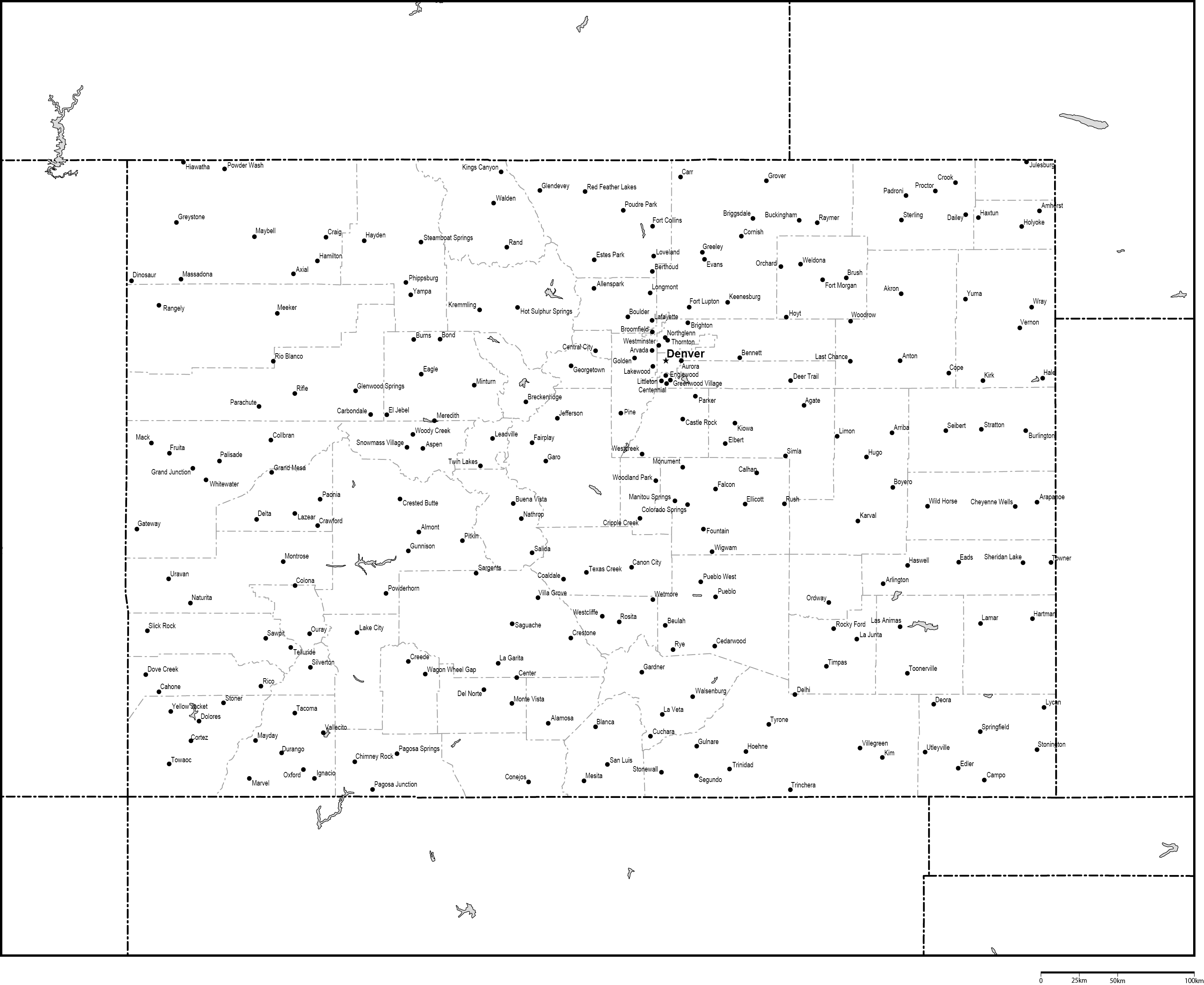 コロラド州郡分け白地図州都・主な都市あり(英語)フリーデータの画像