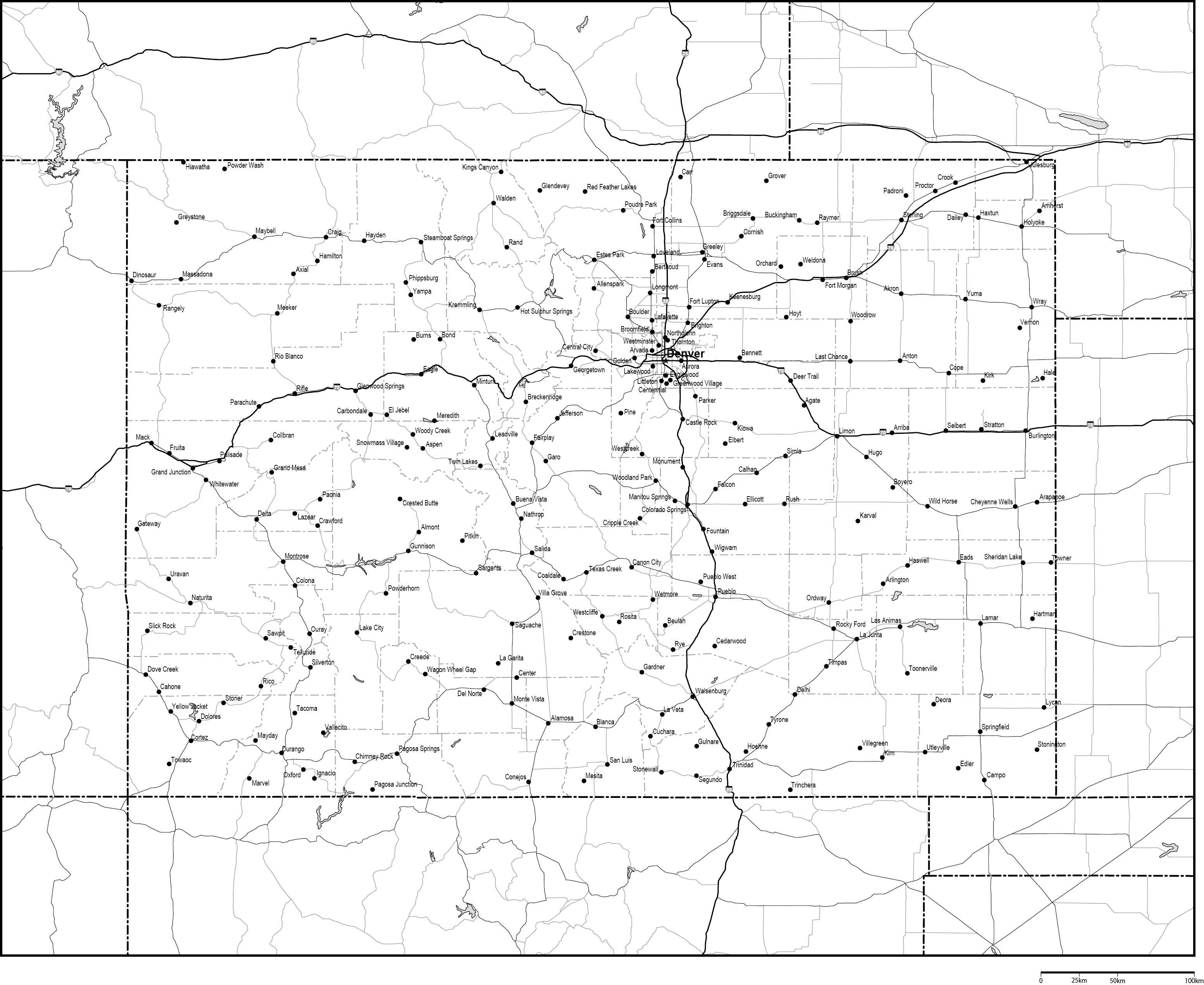 コロラド州郡分け白地図州都・主な都市・道路あり(英語)フリーデータの画像