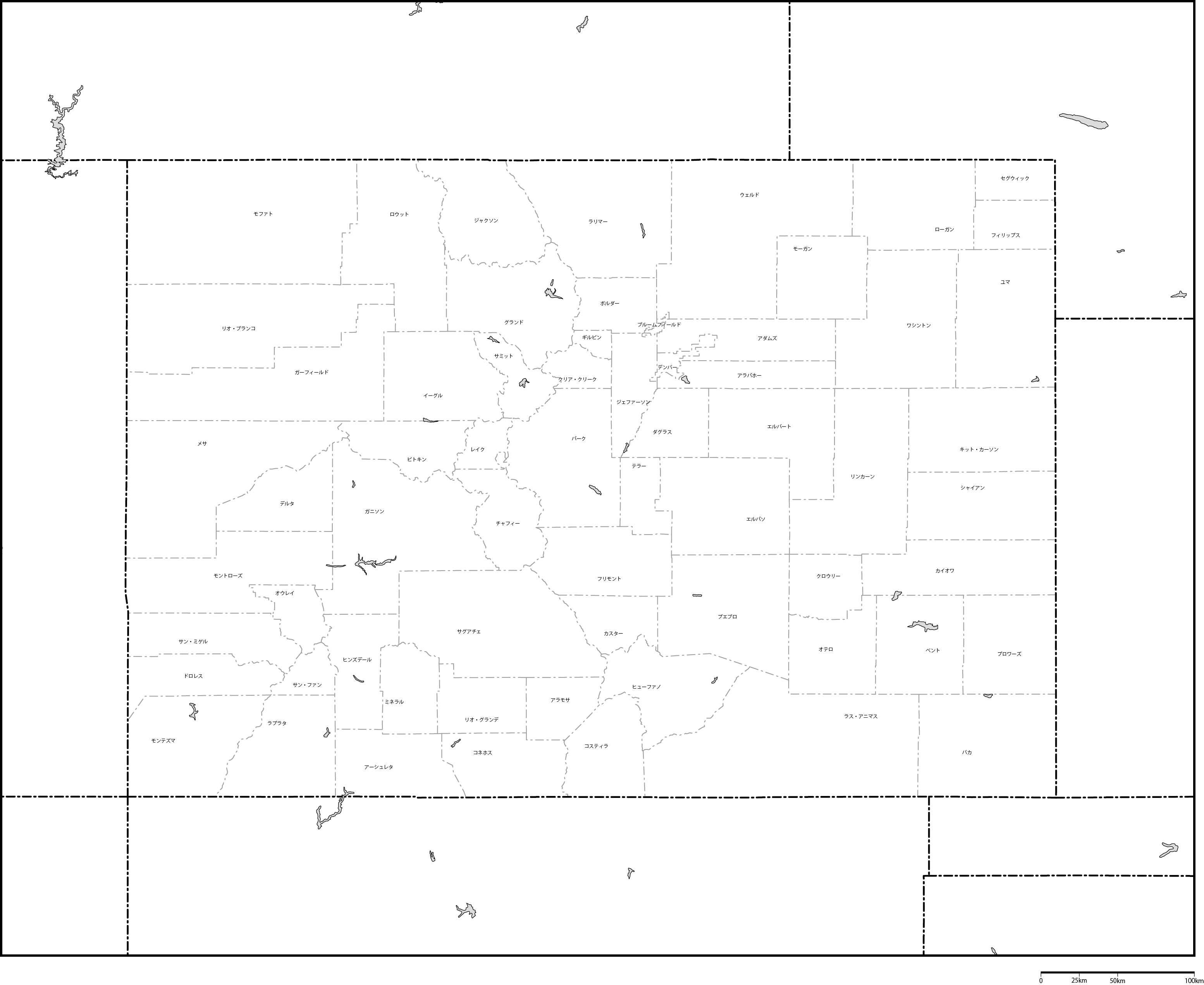 コロラド州郡分け地図郡名あり(日本語)フリーデータの画像