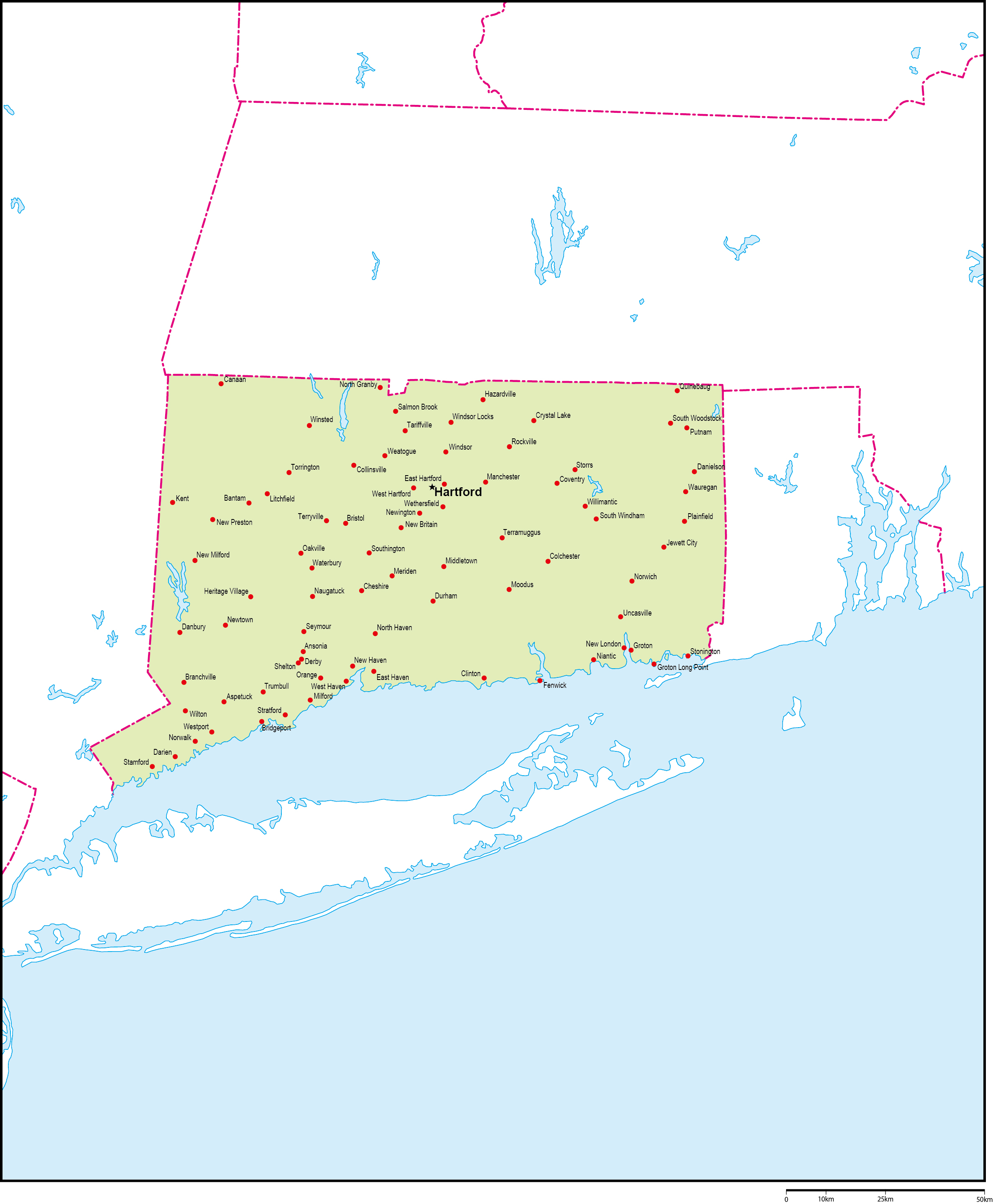 コネチカット州地図州都・主な都市あり(英語)フリーデータの画像