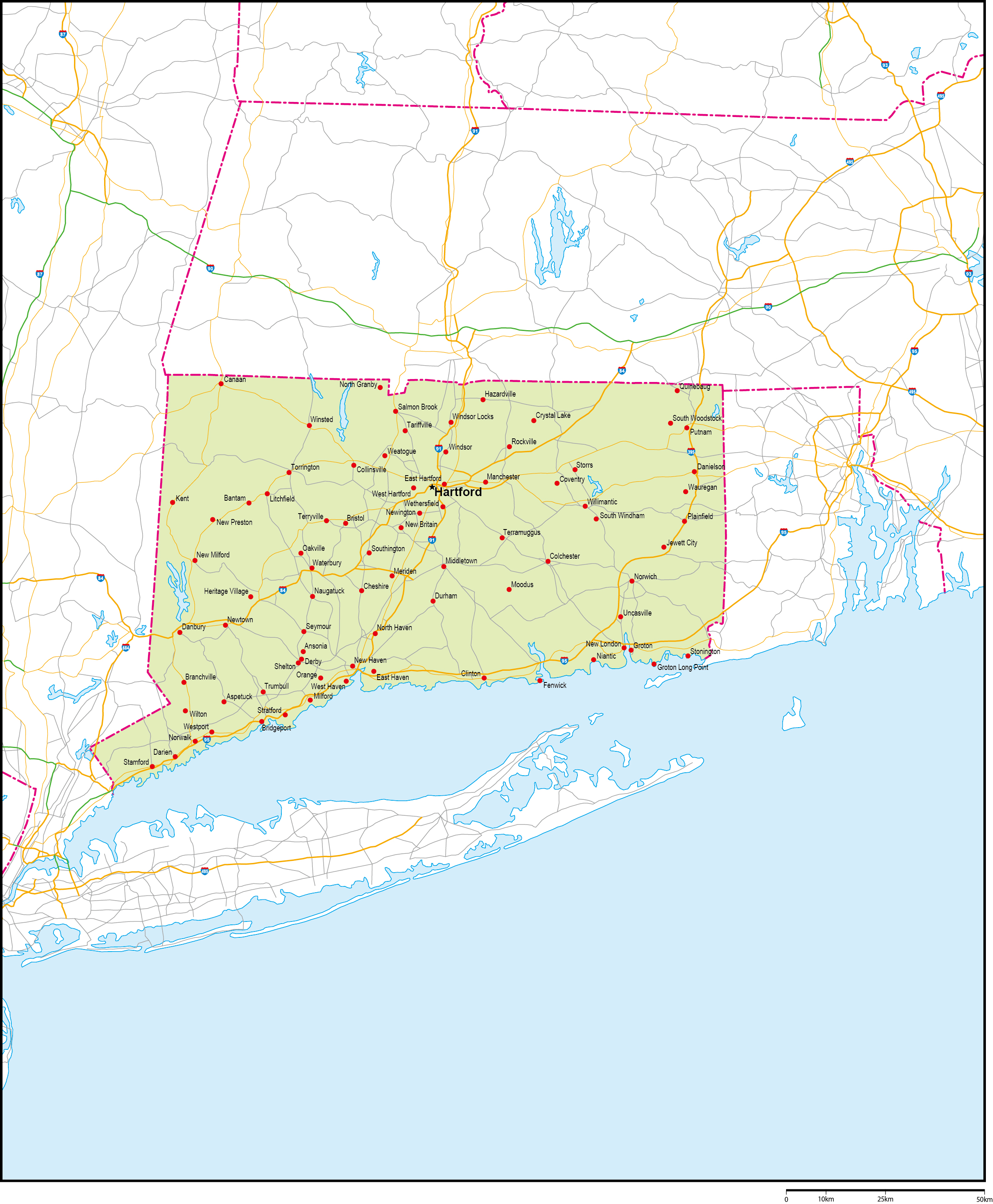 コネチカット州地図州都・主な都市・道路あり(英語)フリーデータの画像