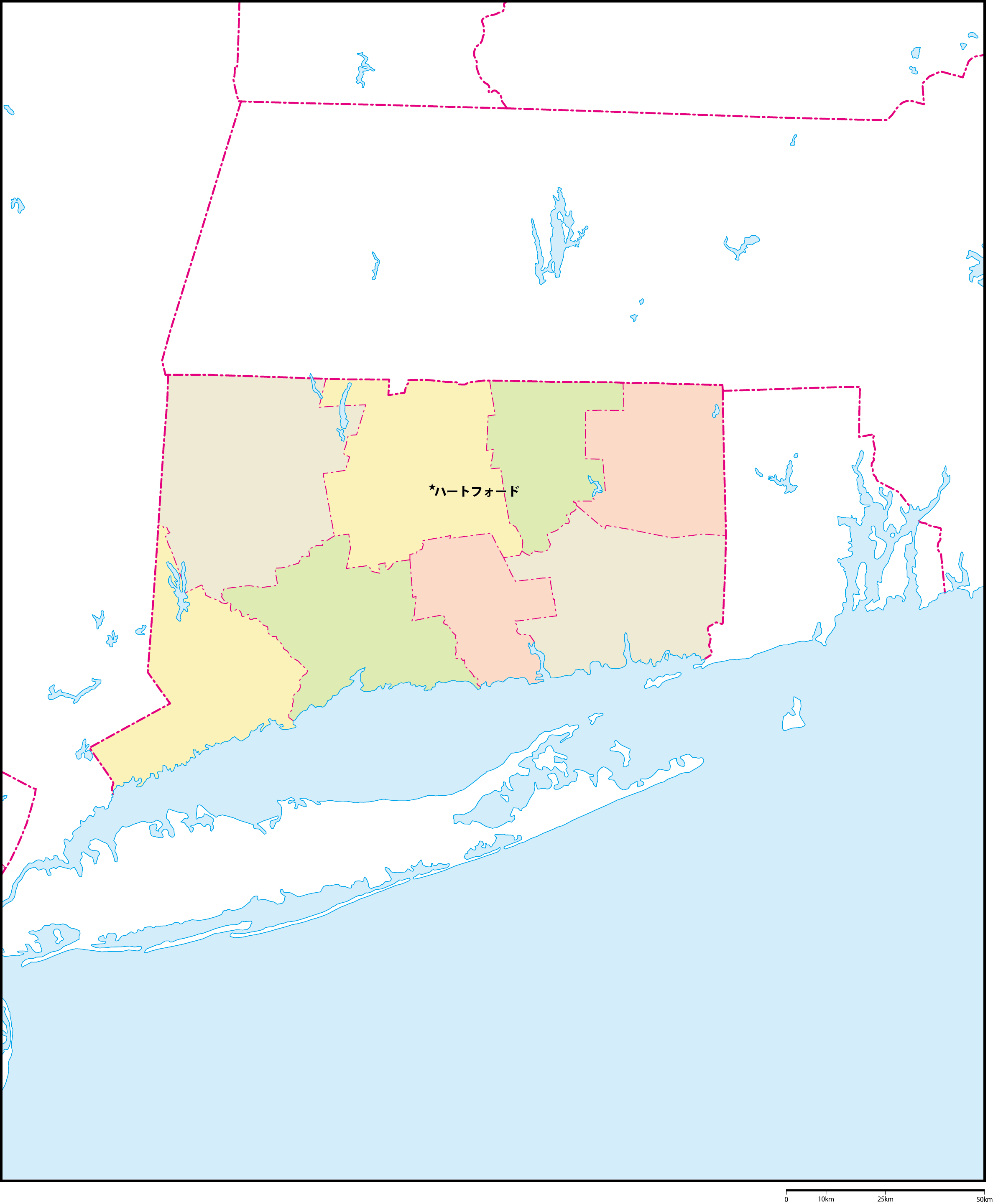 コネチカット州郡色分け地図州都あり(日本語)フリーデータの画像