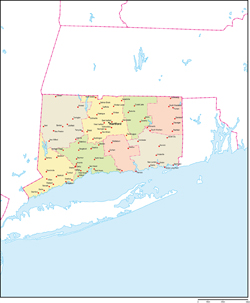 コネチカット州郡色分け地図州都・主な都市あり(英語)