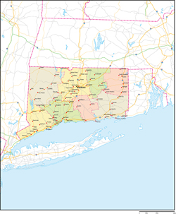 コネチカット州郡色分け地図州都・主な都市・道路あり(英語)