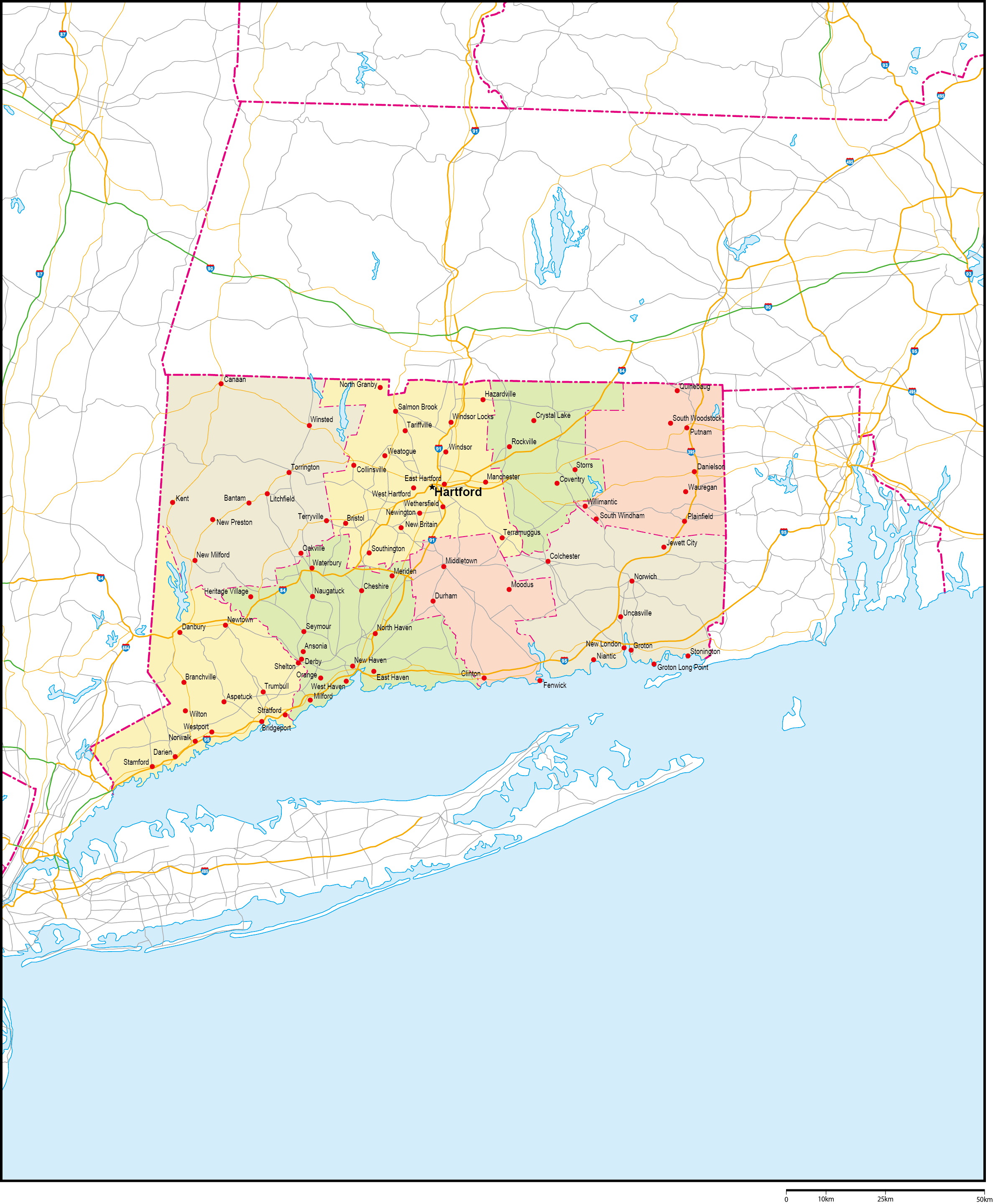 コネチカット州郡色分け地図州都・主な都市・道路あり(英語)フリーデータの画像