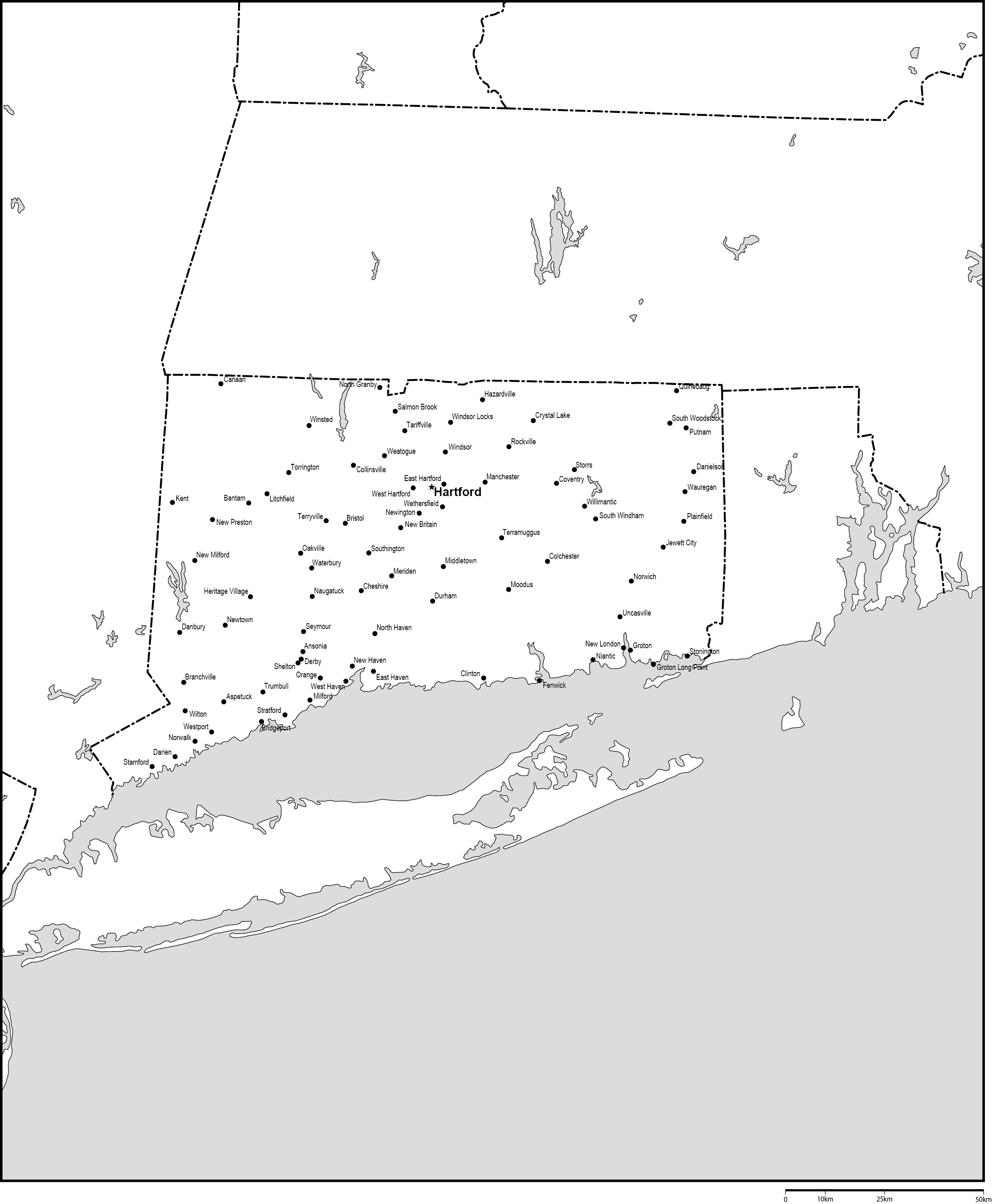 コネチカット州白地図州都・主な都市あり(英語)フリーデータの画像