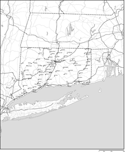コネチカット州白地図州都・主な都市・道路あり(英語)