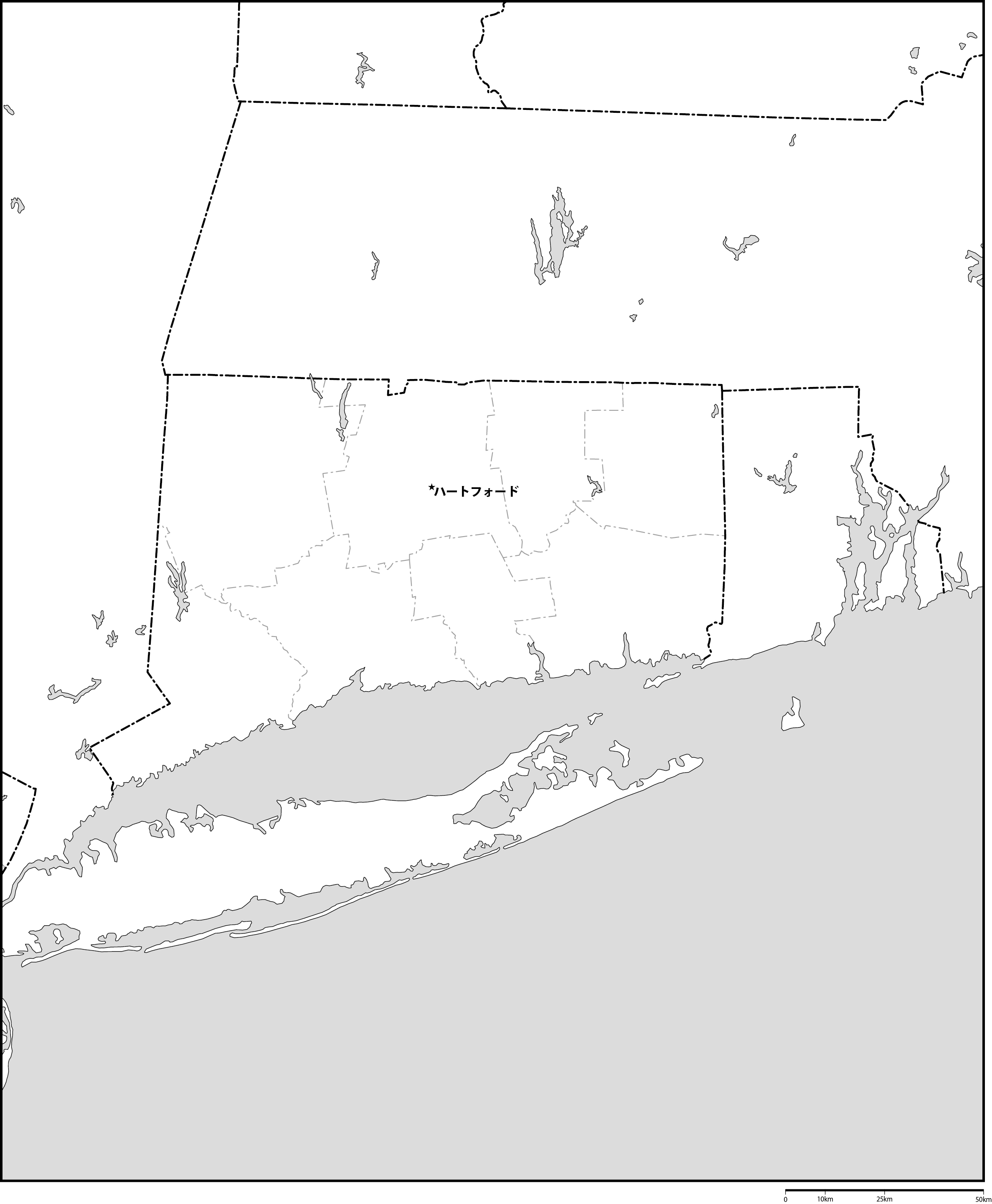 コネチカット州郡分け白地図州都あり(日本語)フリーデータの画像