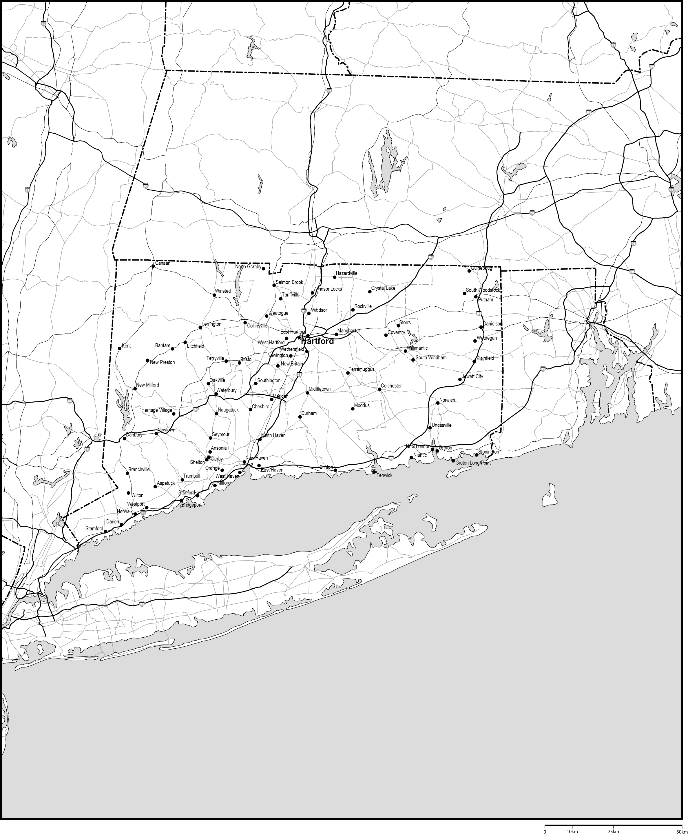 コネチカット州郡分け白地図州都・主な都市・道路あり(英語)フリーデータの画像