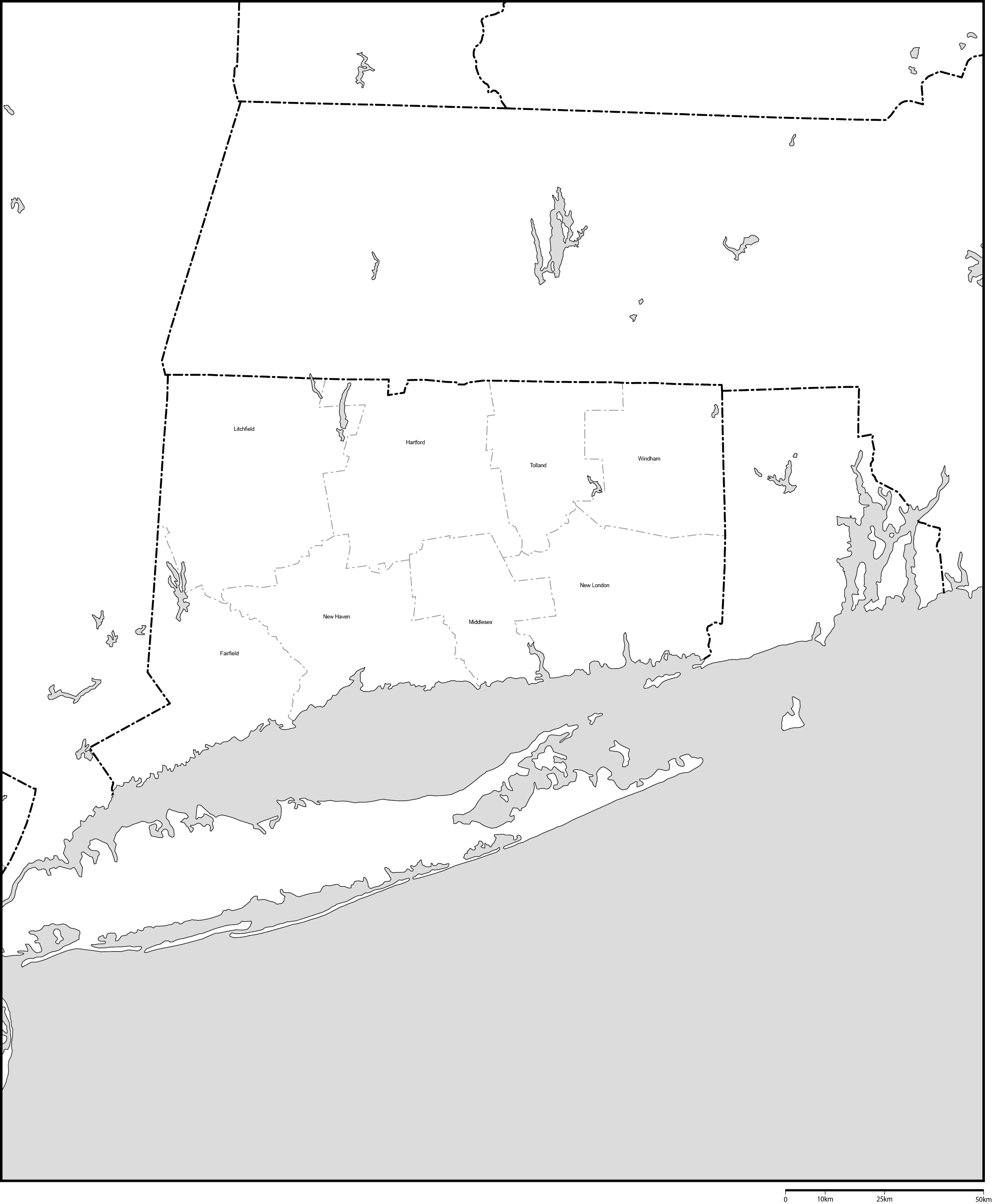 コネチカット州郡分け白地図郡名あり(英語)フリーデータの画像