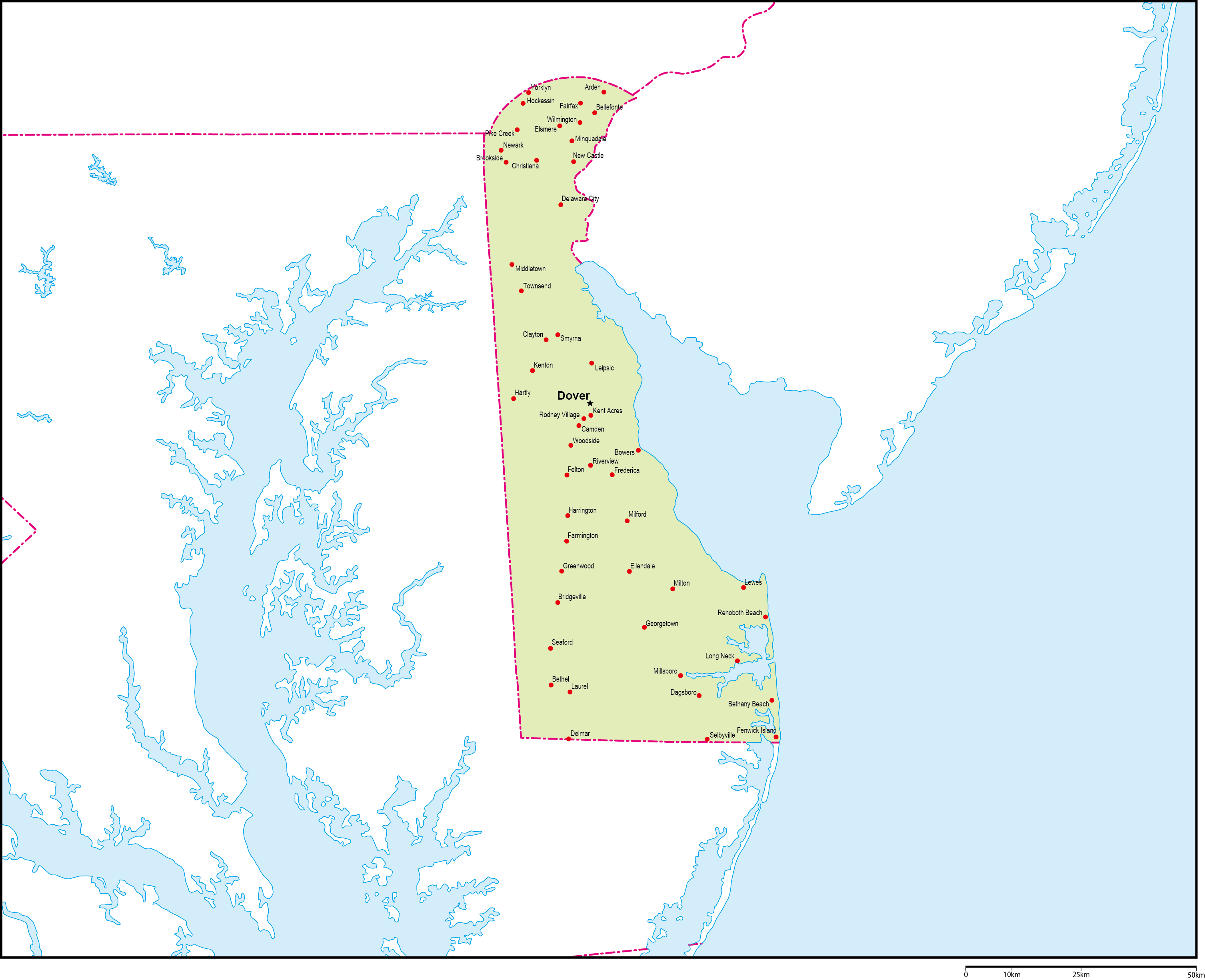 デラウェア州地図州都・主な都市あり(英語)フリーデータの画像