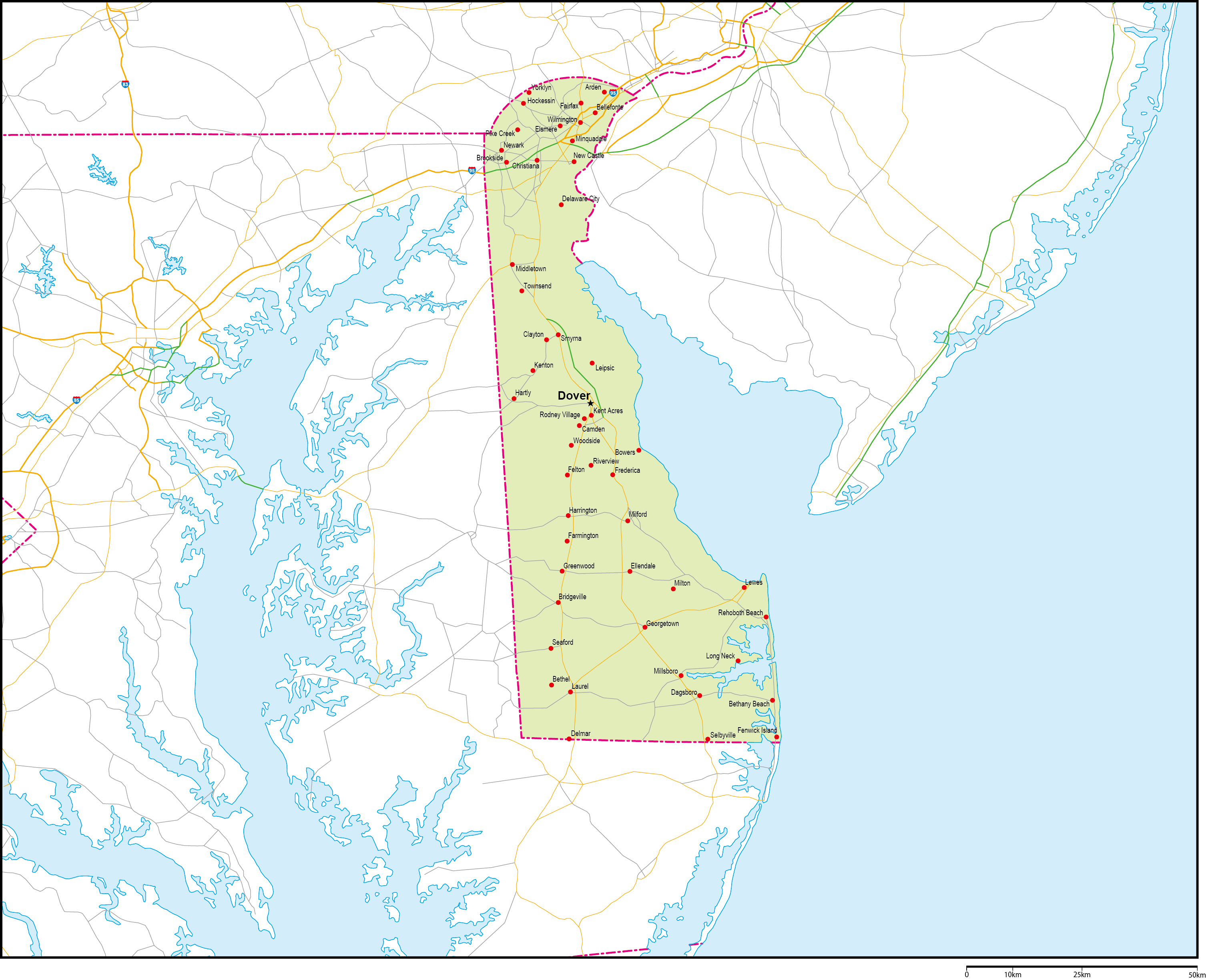 デラウェア州地図州都・主な都市・道路あり(英語)フリーデータの画像