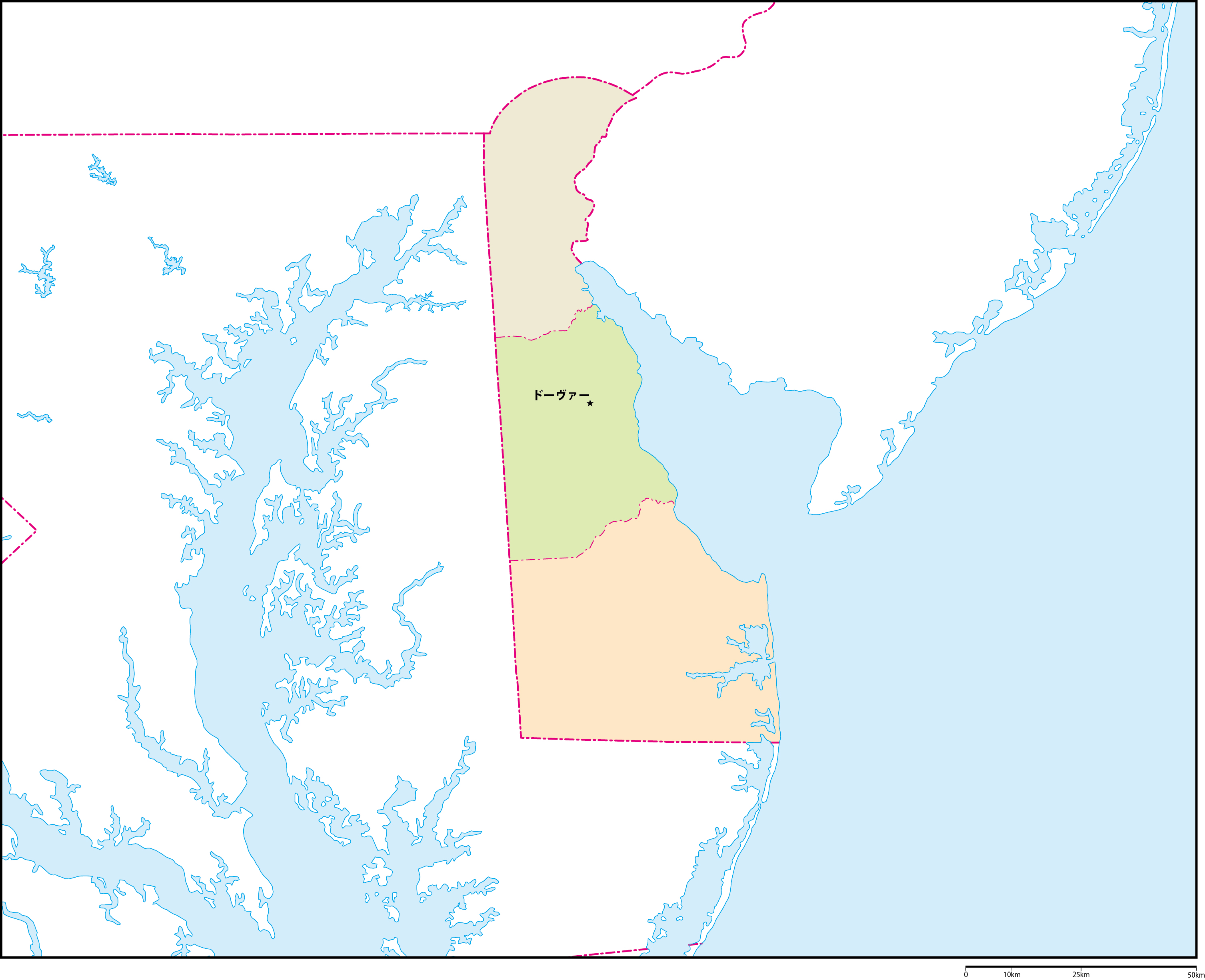 デラウェア州郡色分け地図州都あり(日本語)フリーデータの画像