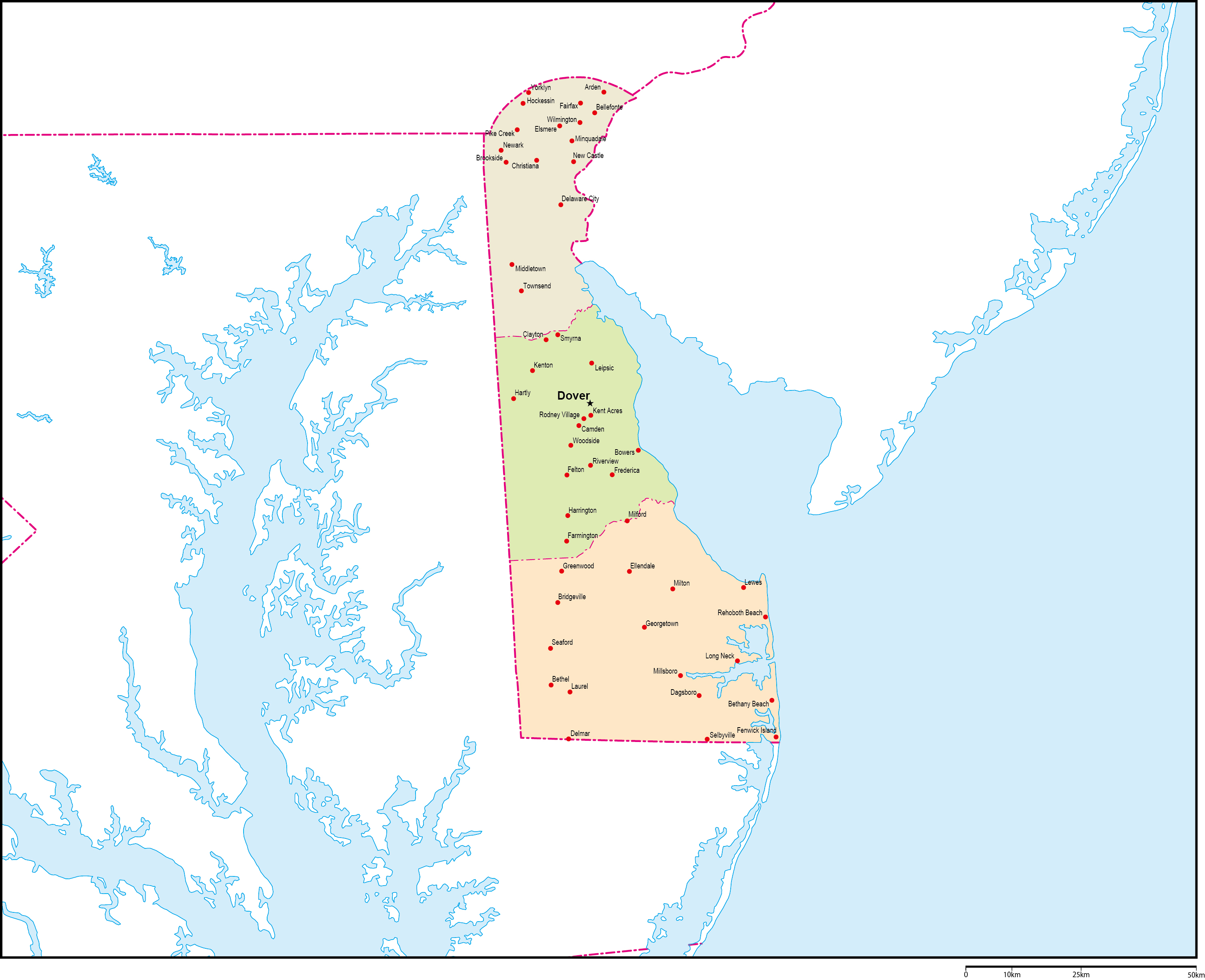 デラウェア州郡色分け地図州都・主な都市あり(英語)フリーデータの画像