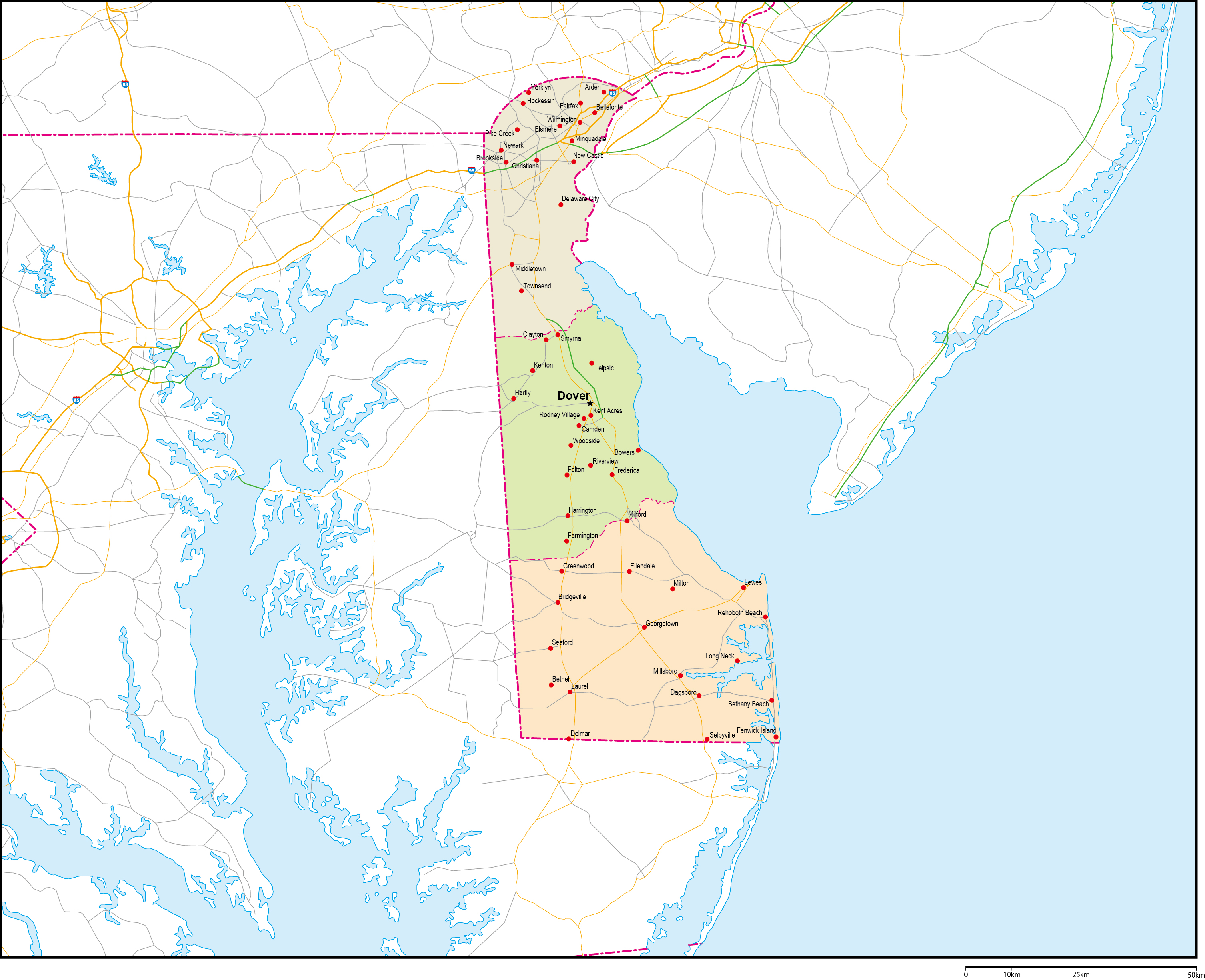 デラウェア州郡色分け地図州都・主な都市・道路あり(英語)フリーデータの画像