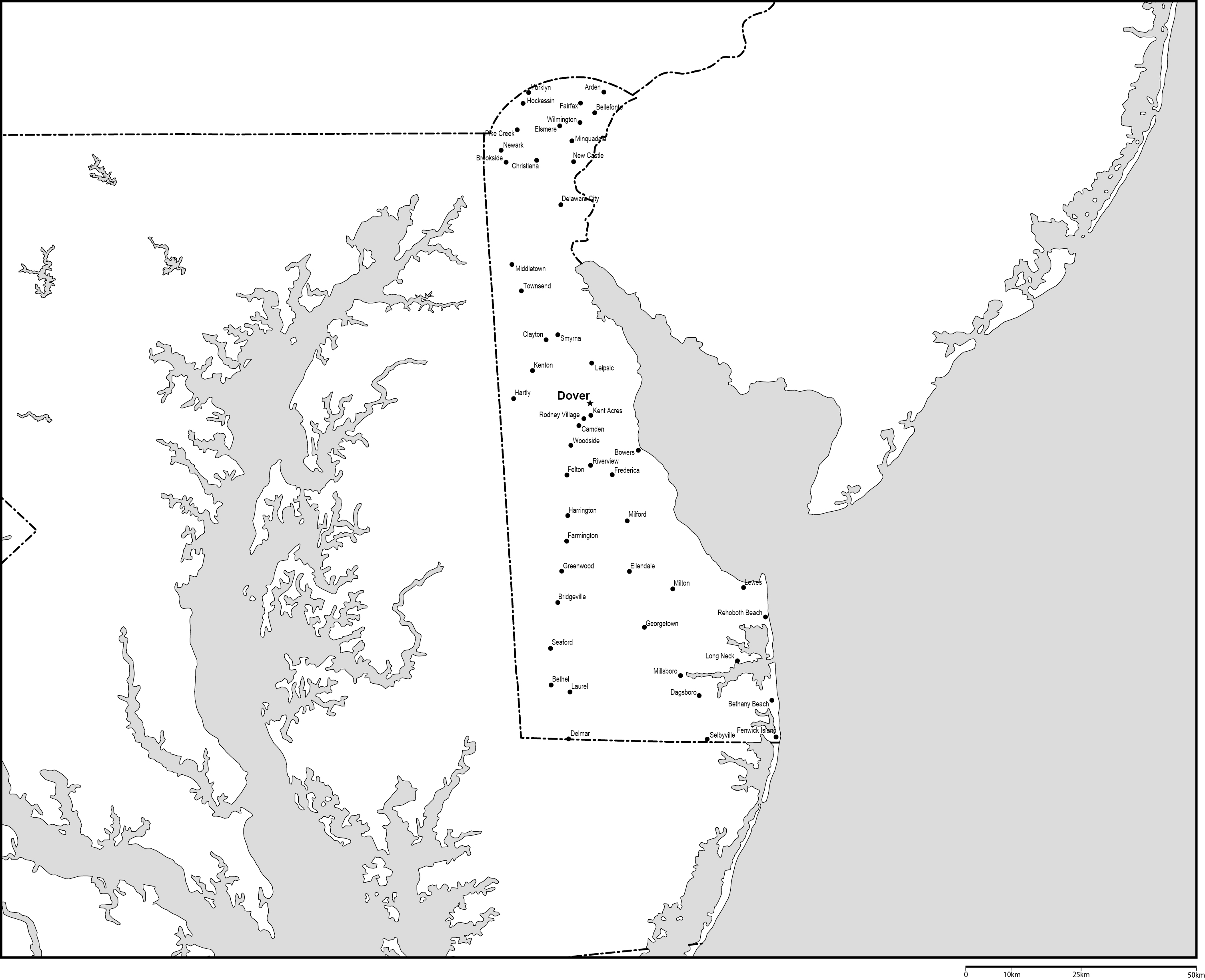 デラウェア州白地図州都・主な都市あり(英語)フリーデータの画像