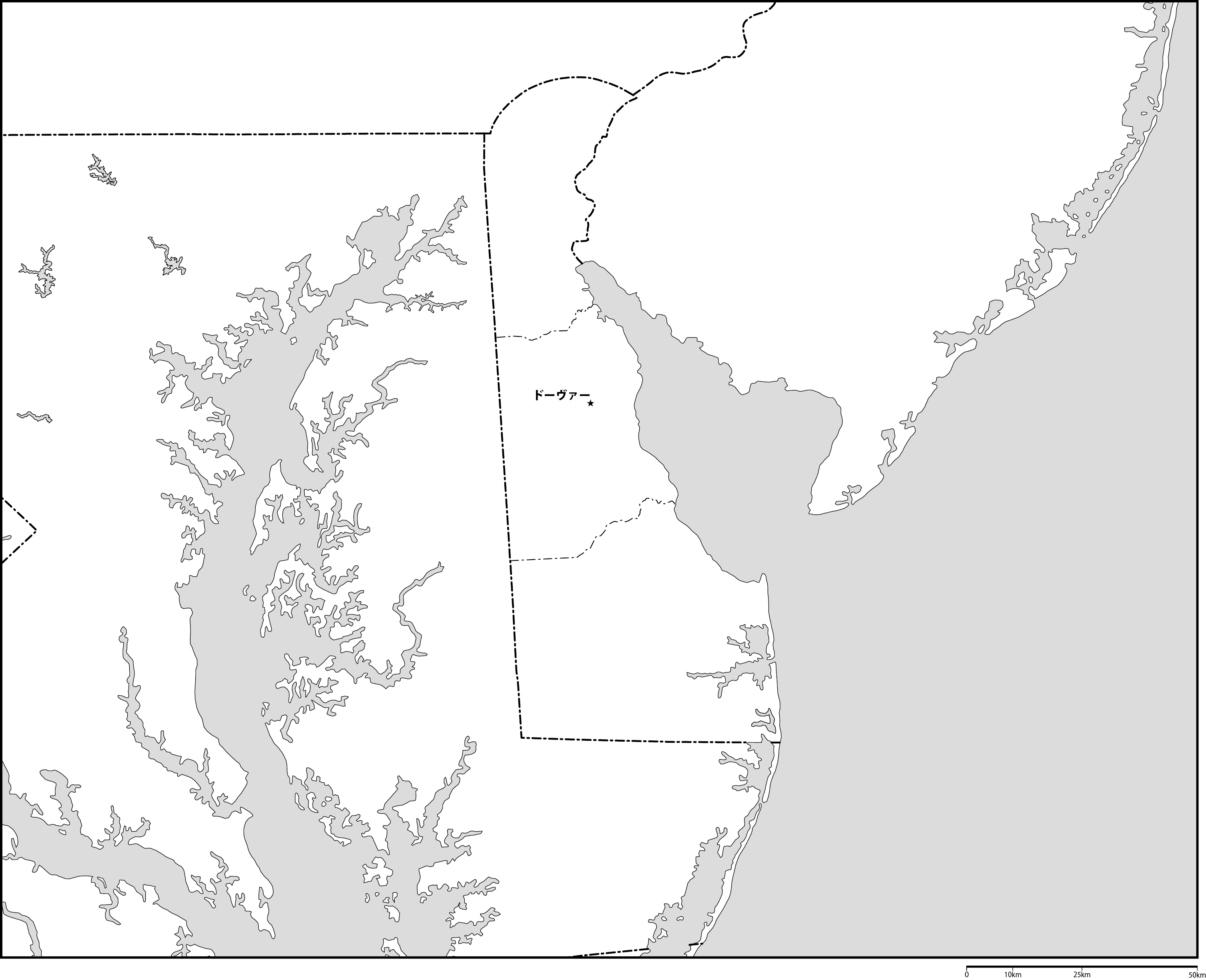 デラウェア州郡分け白地図州都あり(日本語)フリーデータの画像