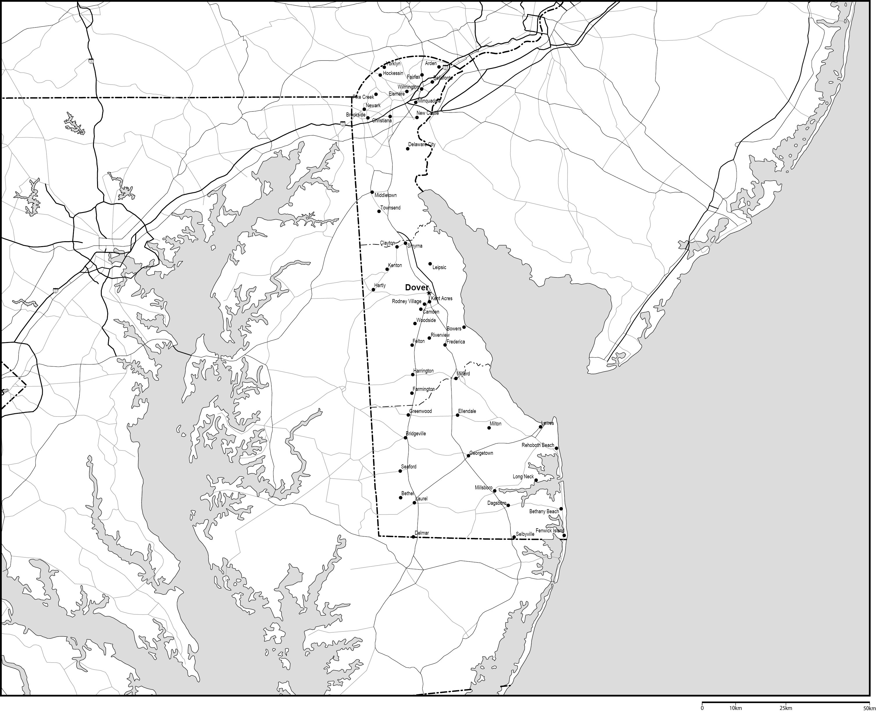 デラウェア州郡分け白地図州都・主な都市・道路あり(英語)フリーデータの画像