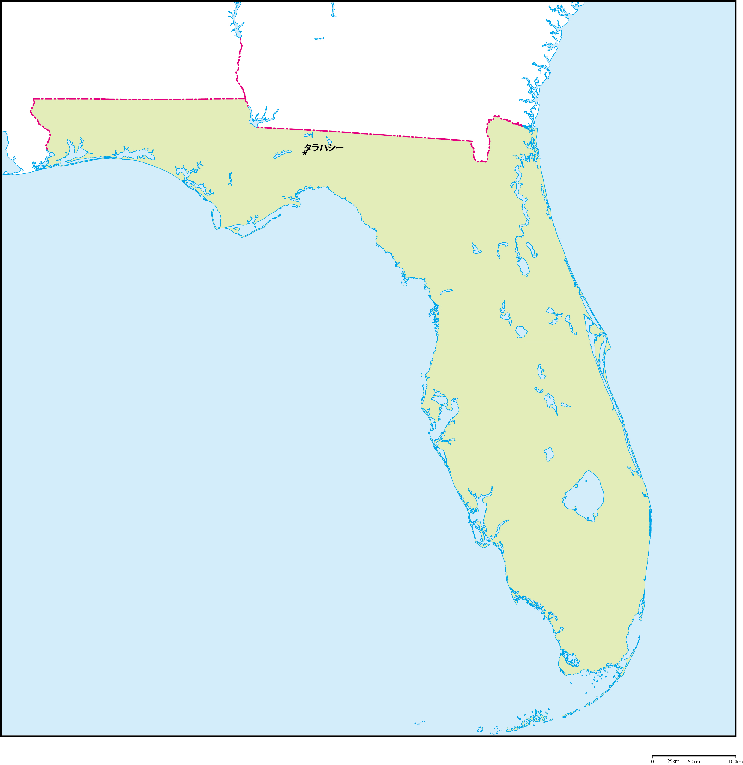 フロリダ州地図州都あり(日本語)フリーデータの画像