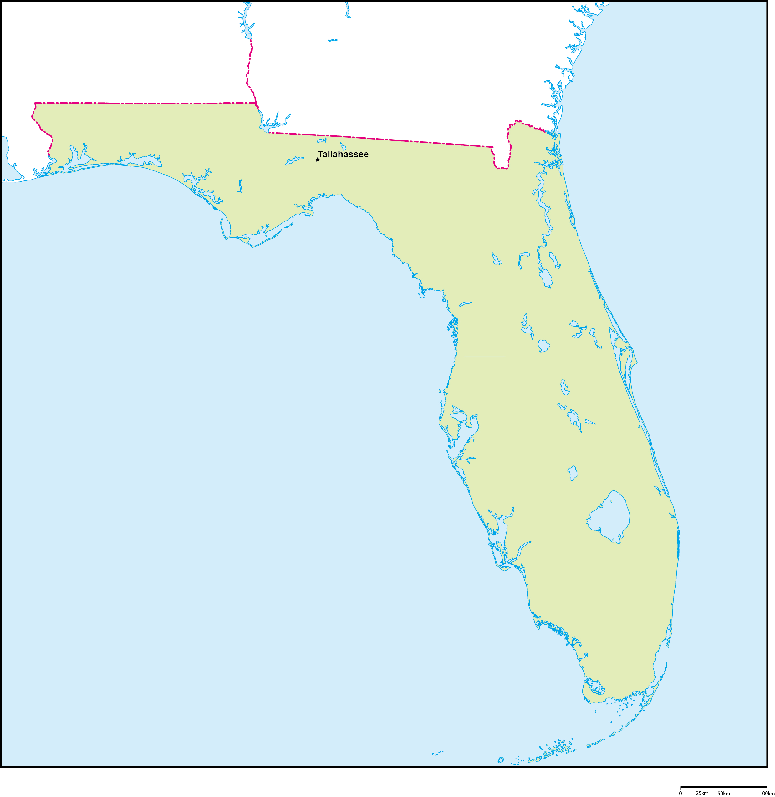 フロリダ州地図州都あり(英語)フリーデータの画像