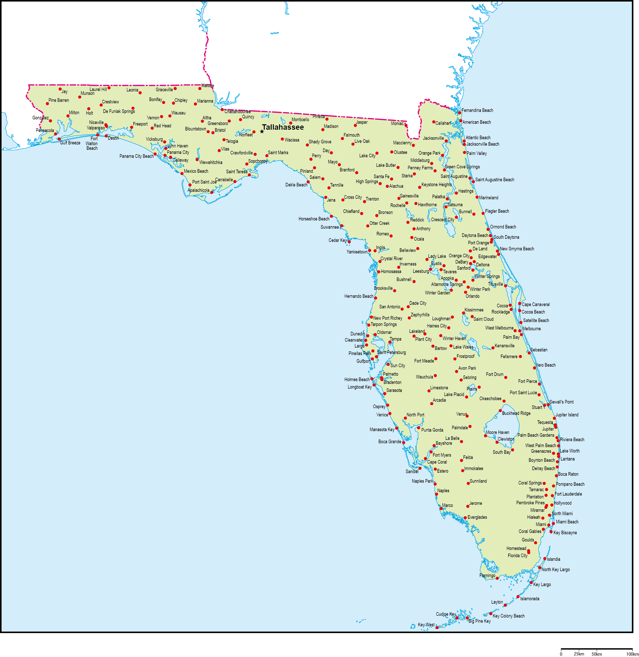 フロリダ州地図州都・主な都市あり(英語)フリーデータの画像