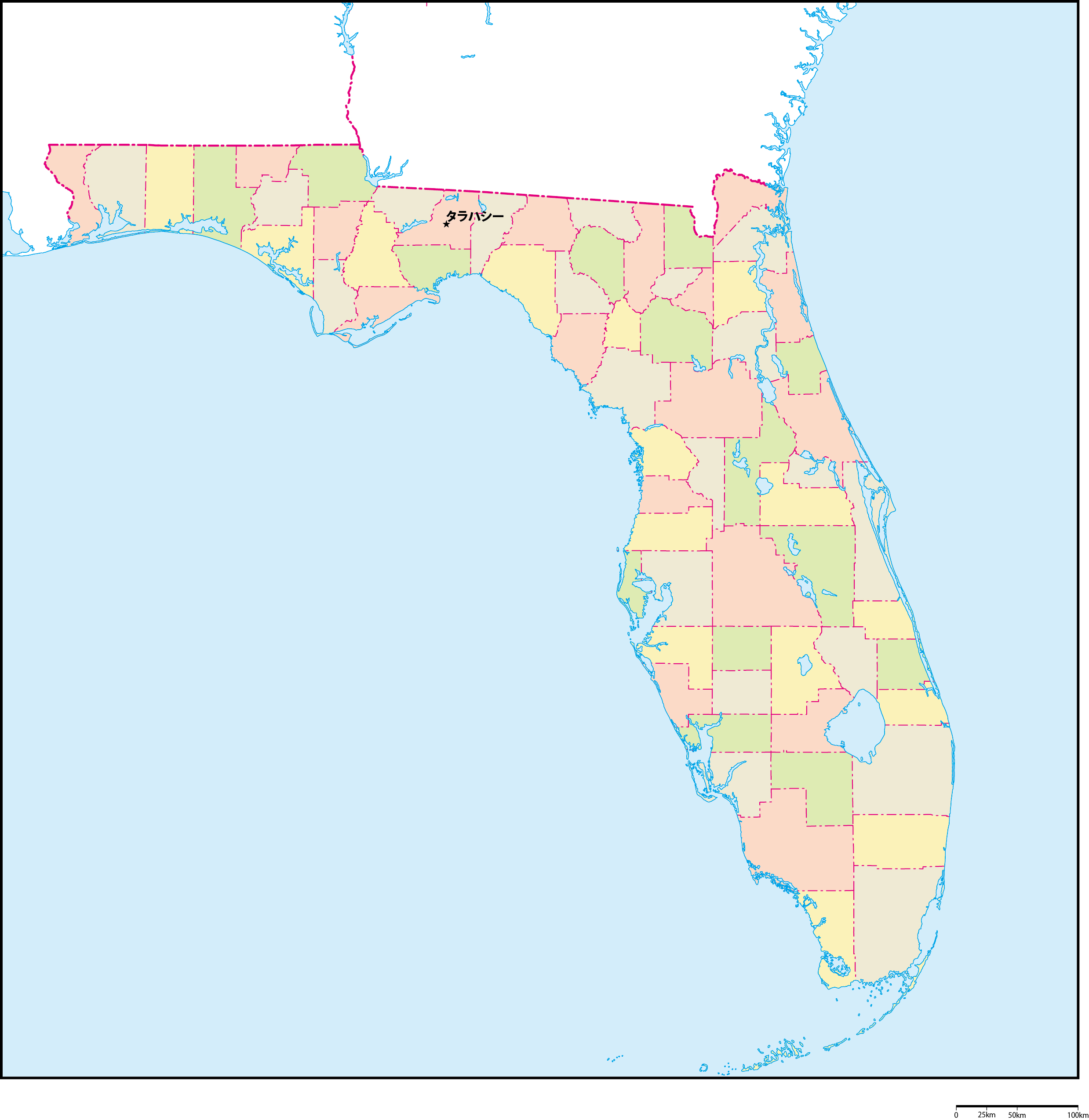 フロリダ州郡色分け地図州都あり(日本語)フリーデータの画像