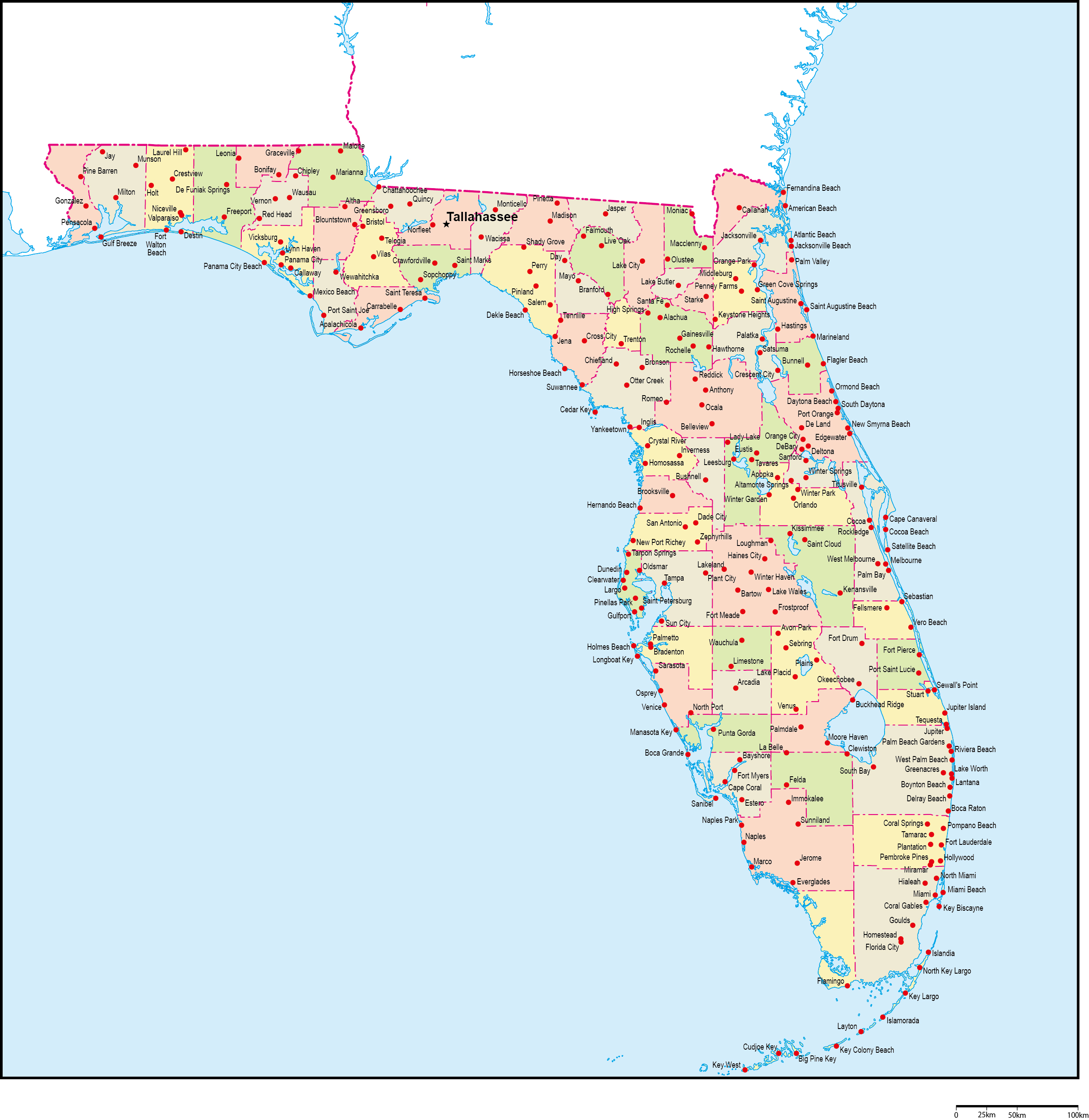 フロリダ州郡色分け地図州都・主な都市あり(英語)フリーデータの画像