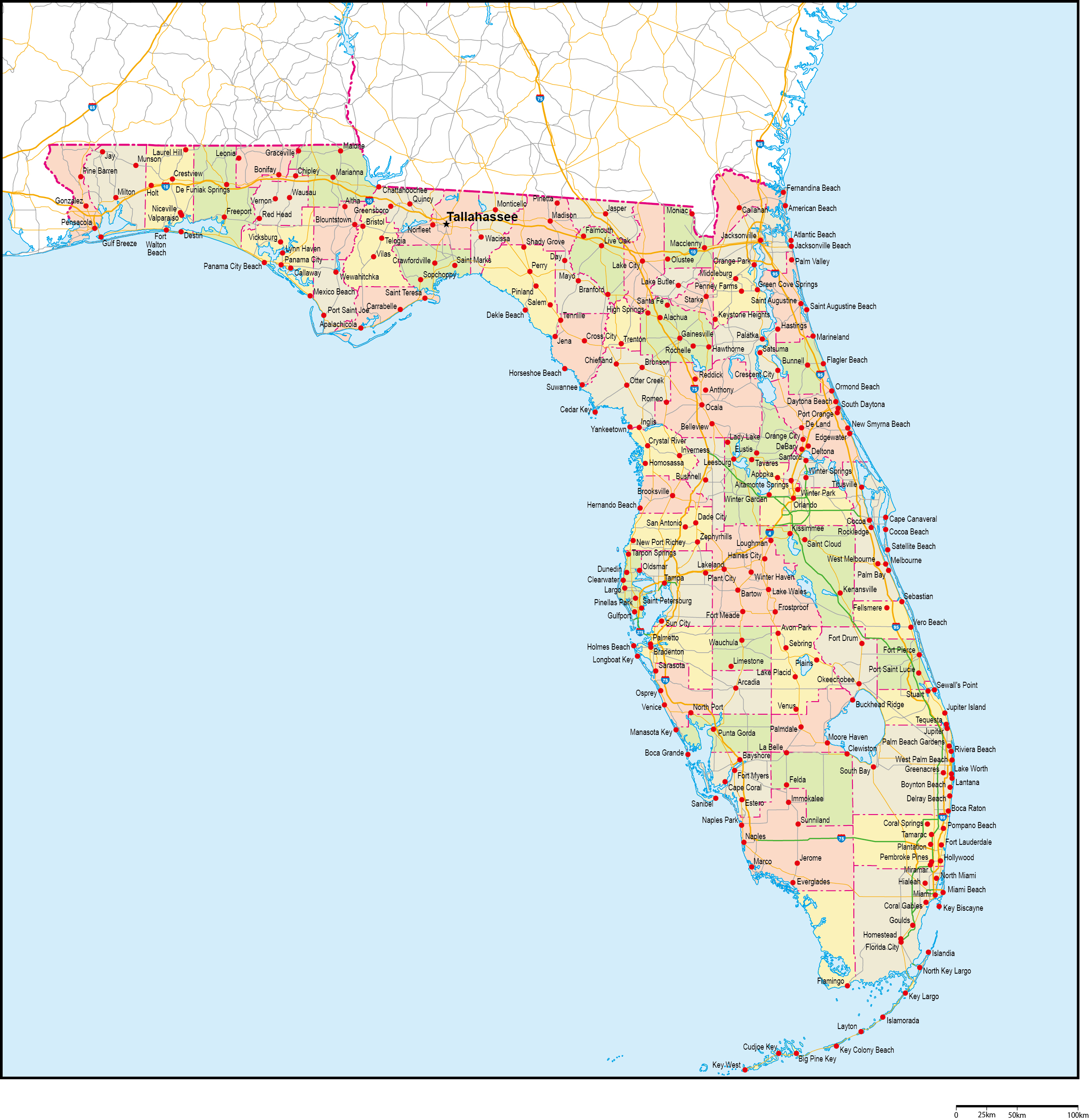 フロリダ州郡色分け地図州都・主な都市・道路あり(英語)フリーデータの画像