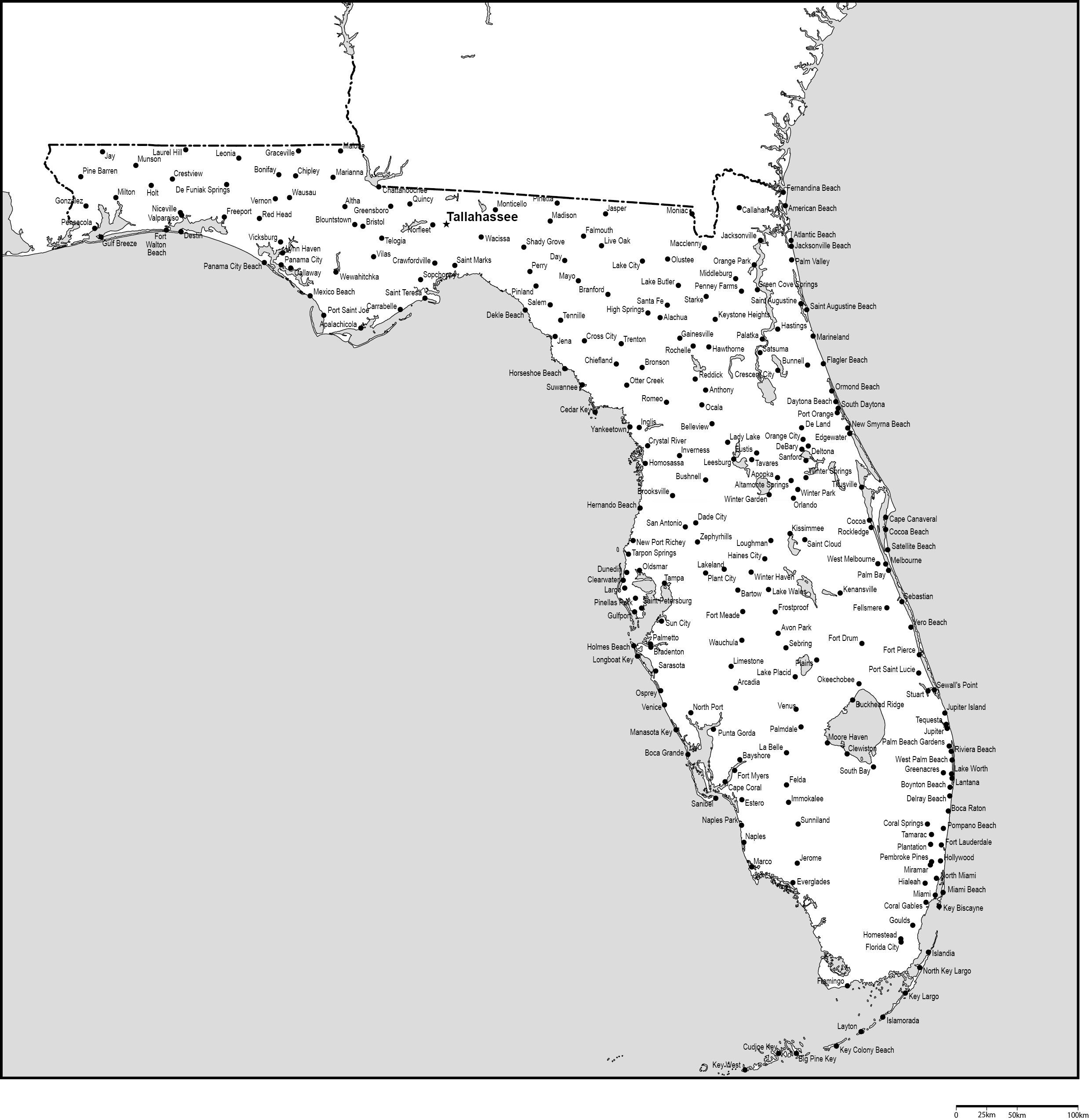 フロリダ州白地図州都・主な都市あり(英語)フリーデータの画像