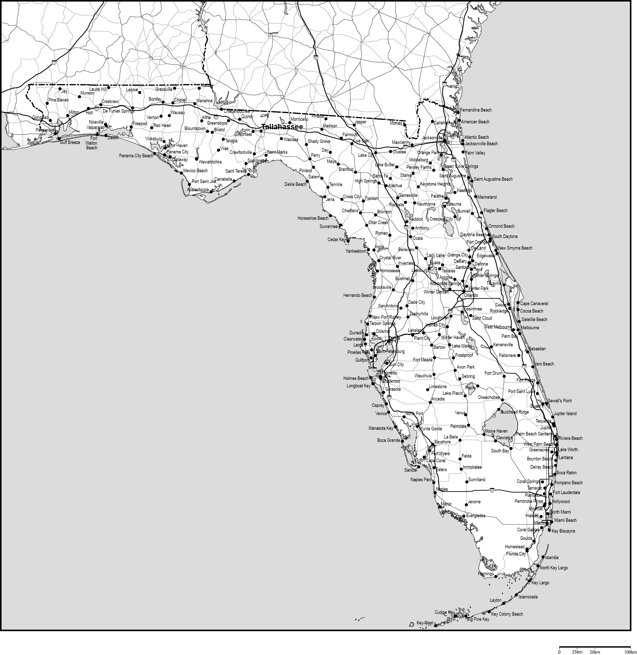 フロリダ州白地図州都・主な都市・道路あり(英語)フリーデータの画像