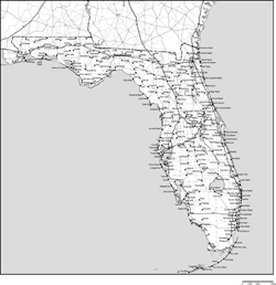 フロリダ州郡分け白地図州都・主な都市・道路あり(英語)