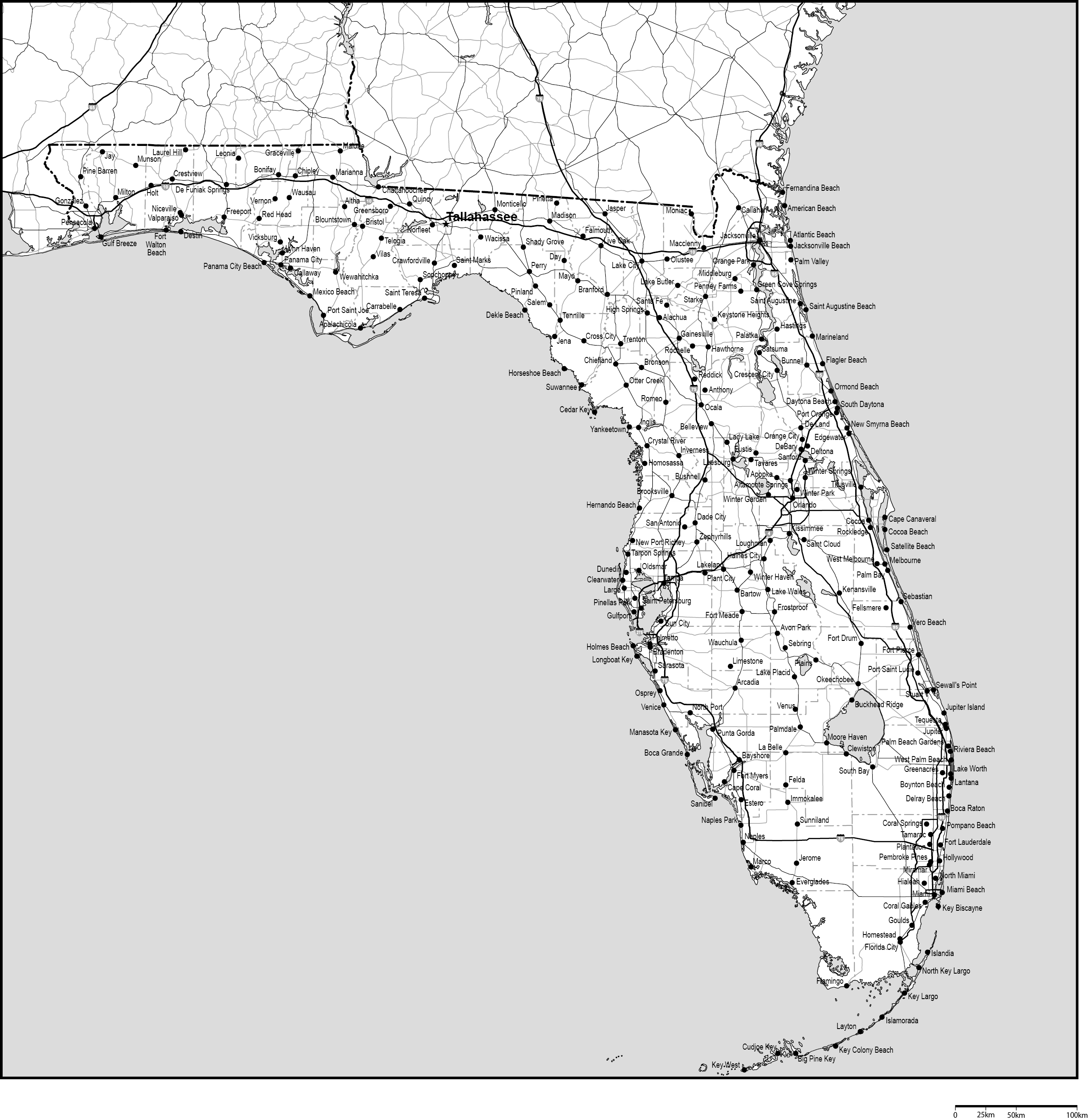 フロリダ州郡分け白地図州都・主な都市・道路あり(英語)フリーデータの画像