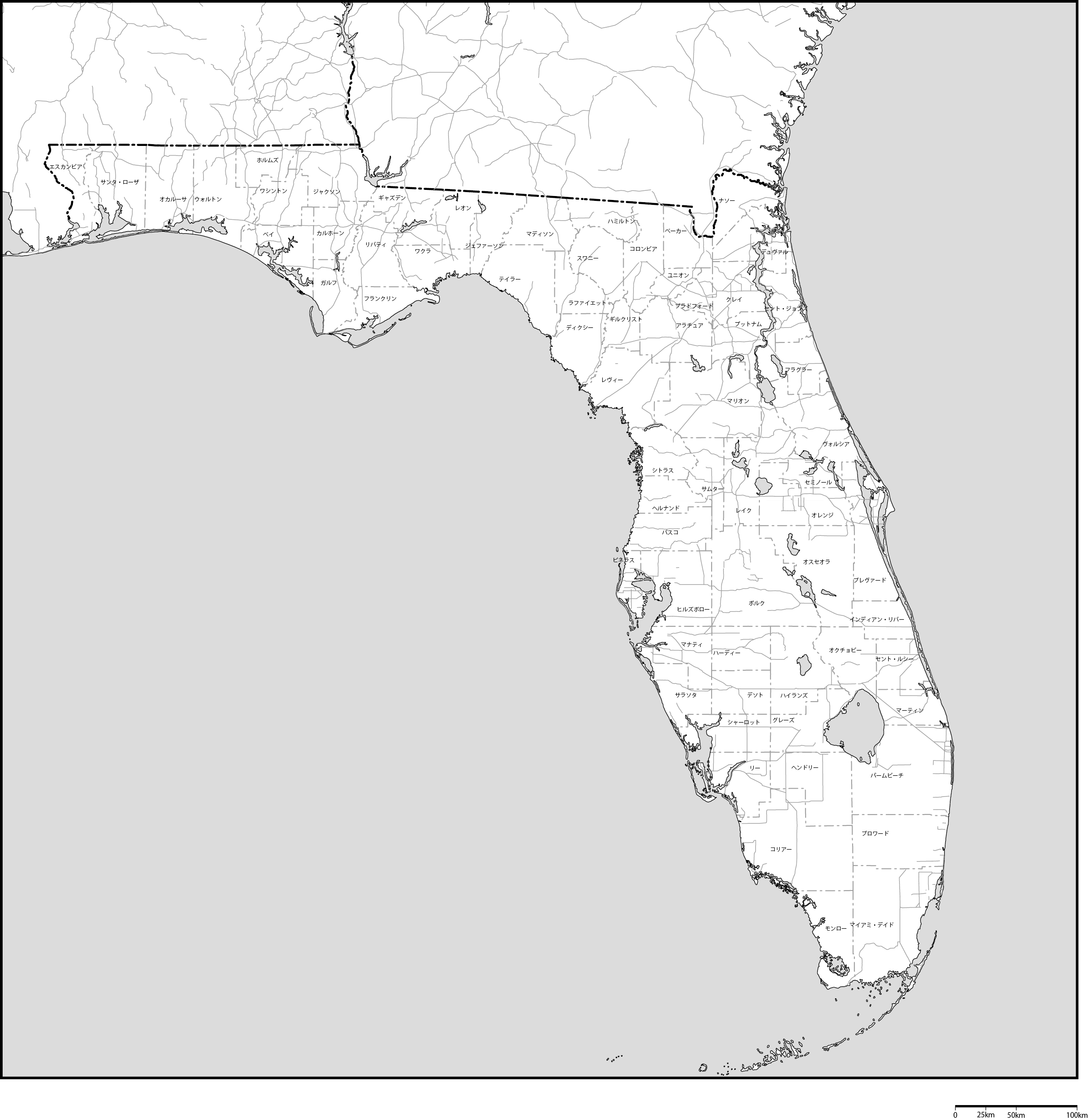 フロリダ州郡分け地図郡名あり(日本語)フリーデータの画像