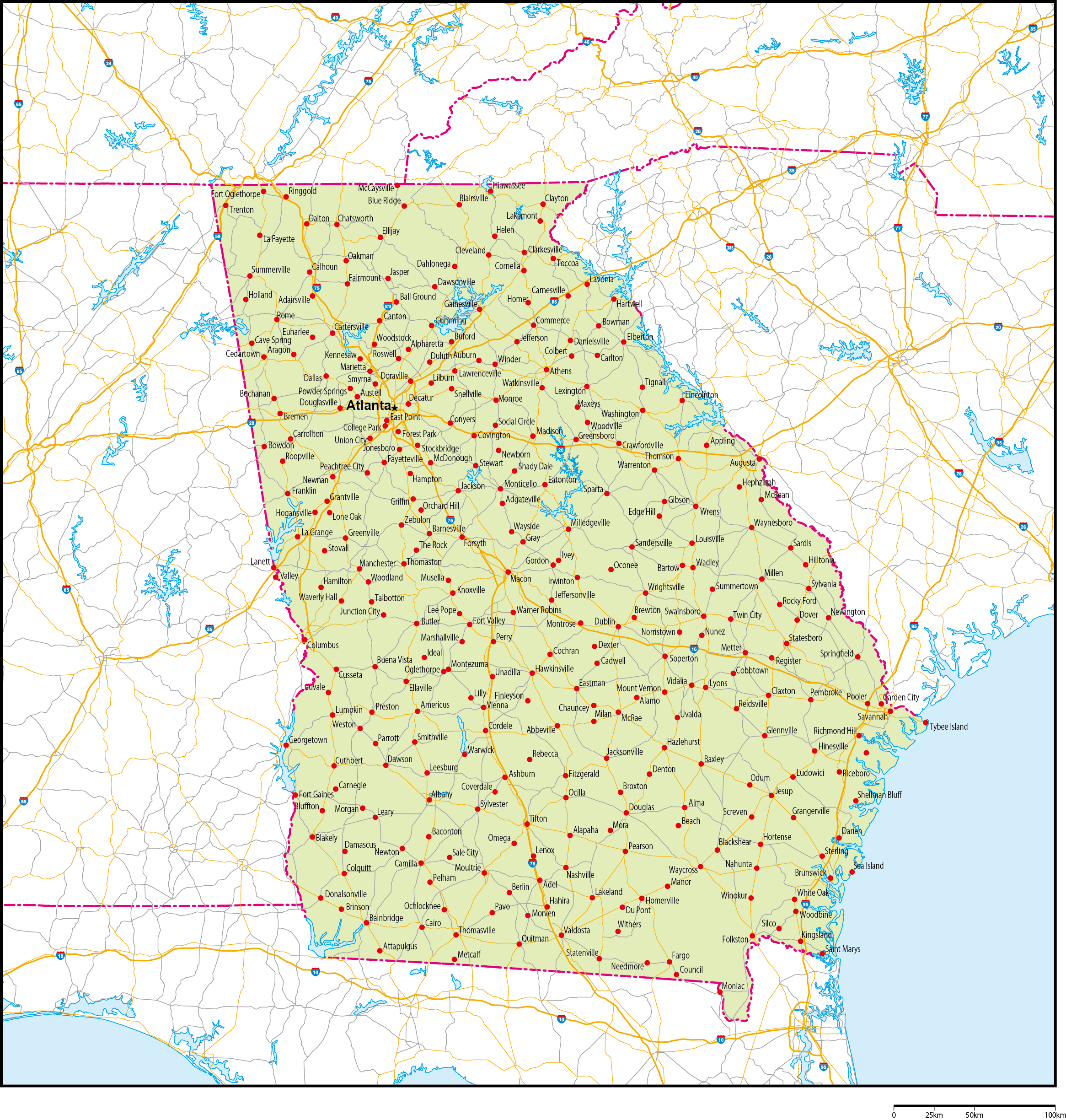 ジョージア州地図州都・主な都市・道路あり(英語)フリーデータの画像