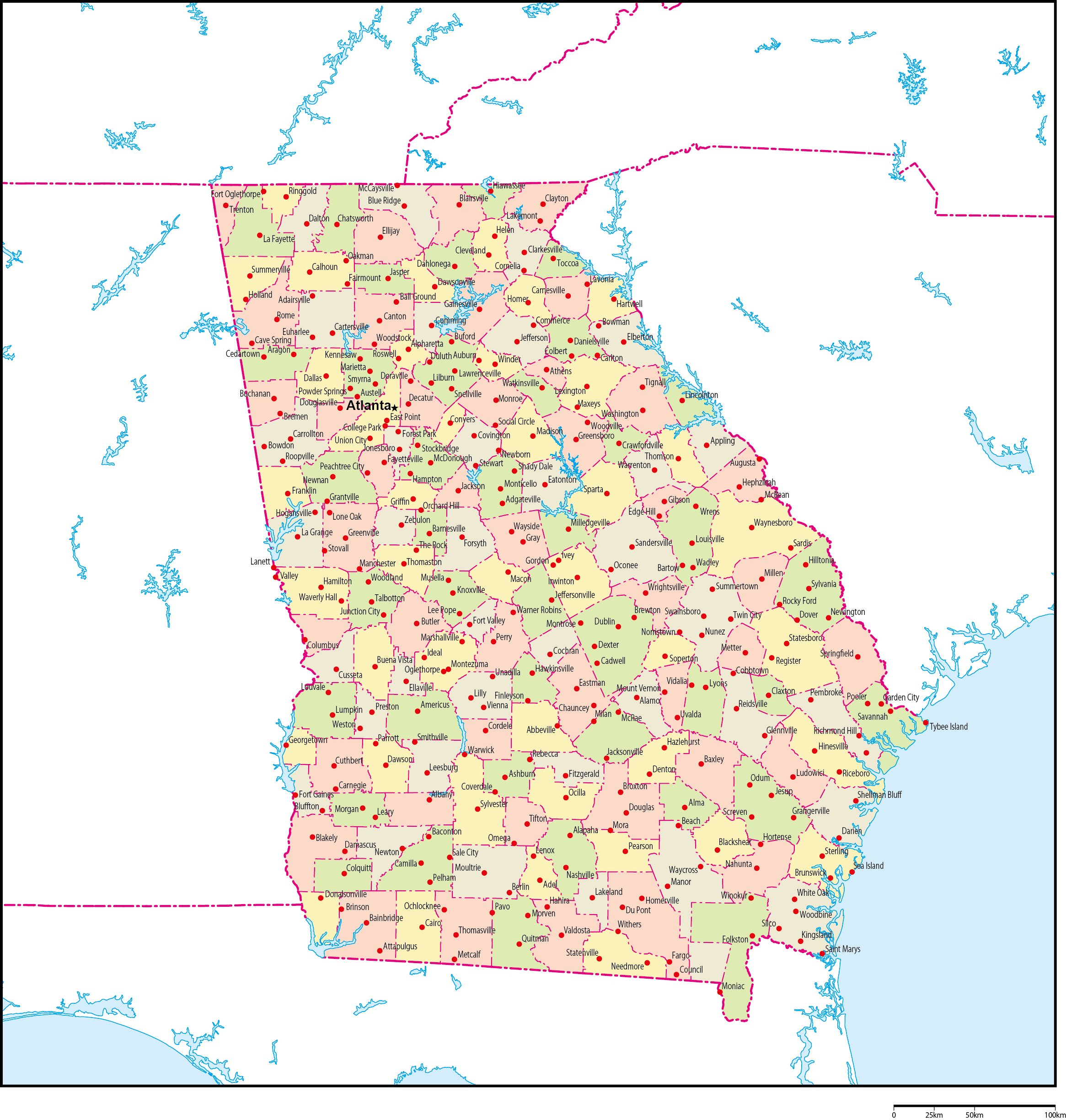 ジョージア州郡色分け地図州都・主な都市あり(英語)フリーデータの画像