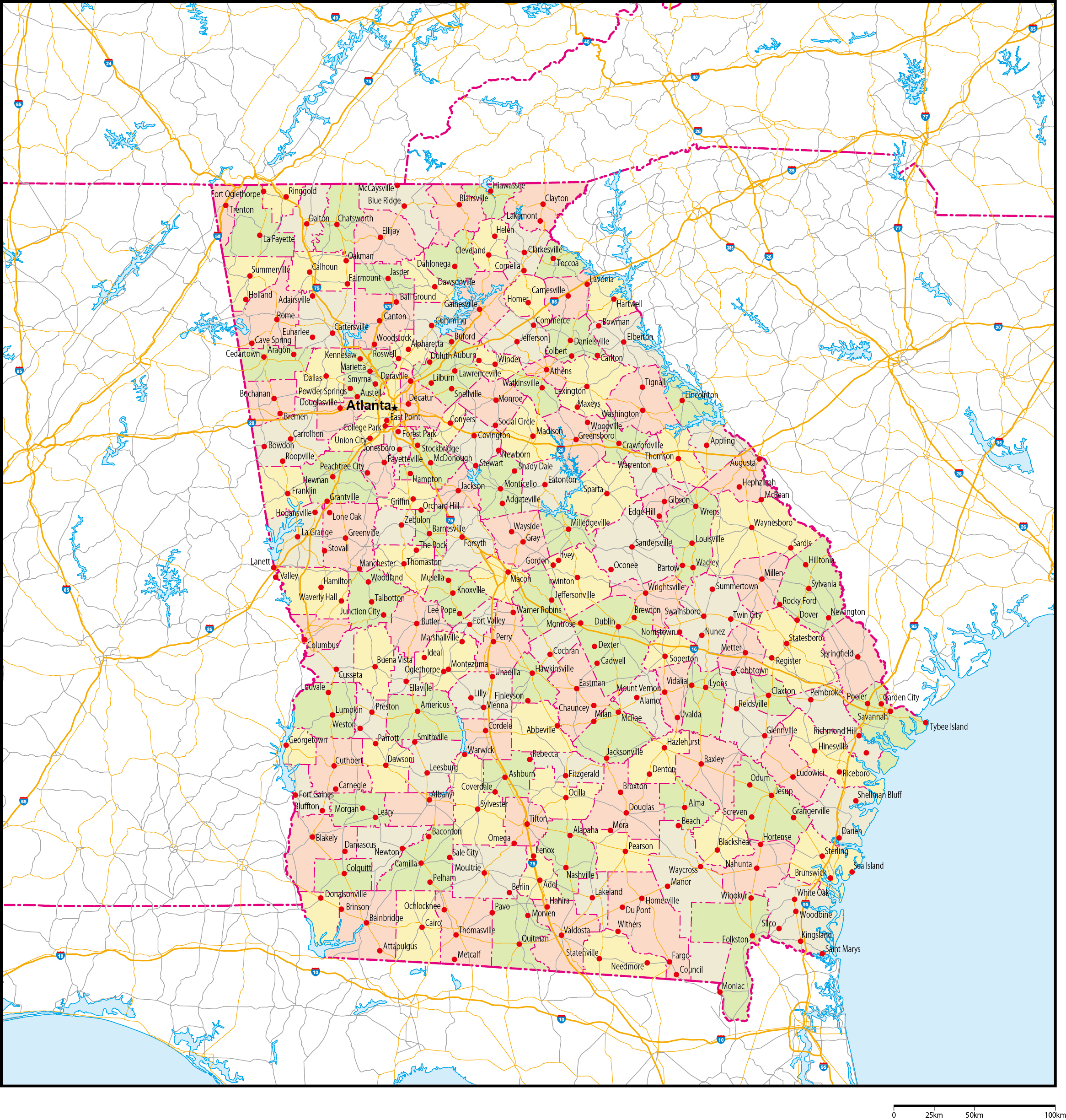 ジョージア州郡色分け地図州都・主な都市・道路あり(英語)フリーデータの画像