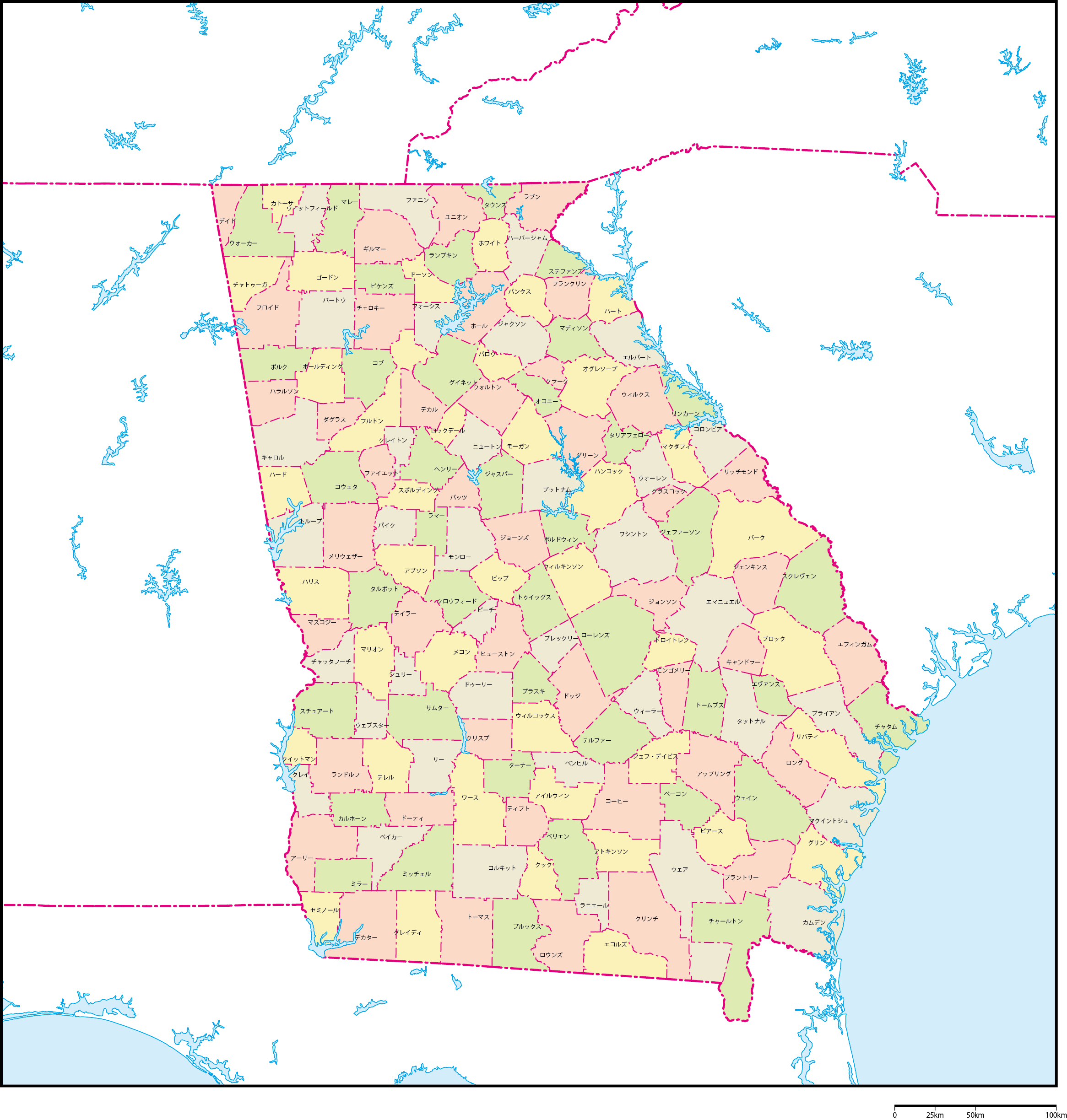 ジョージア州郡色分け地図郡名あり(日本語)フリーデータの画像