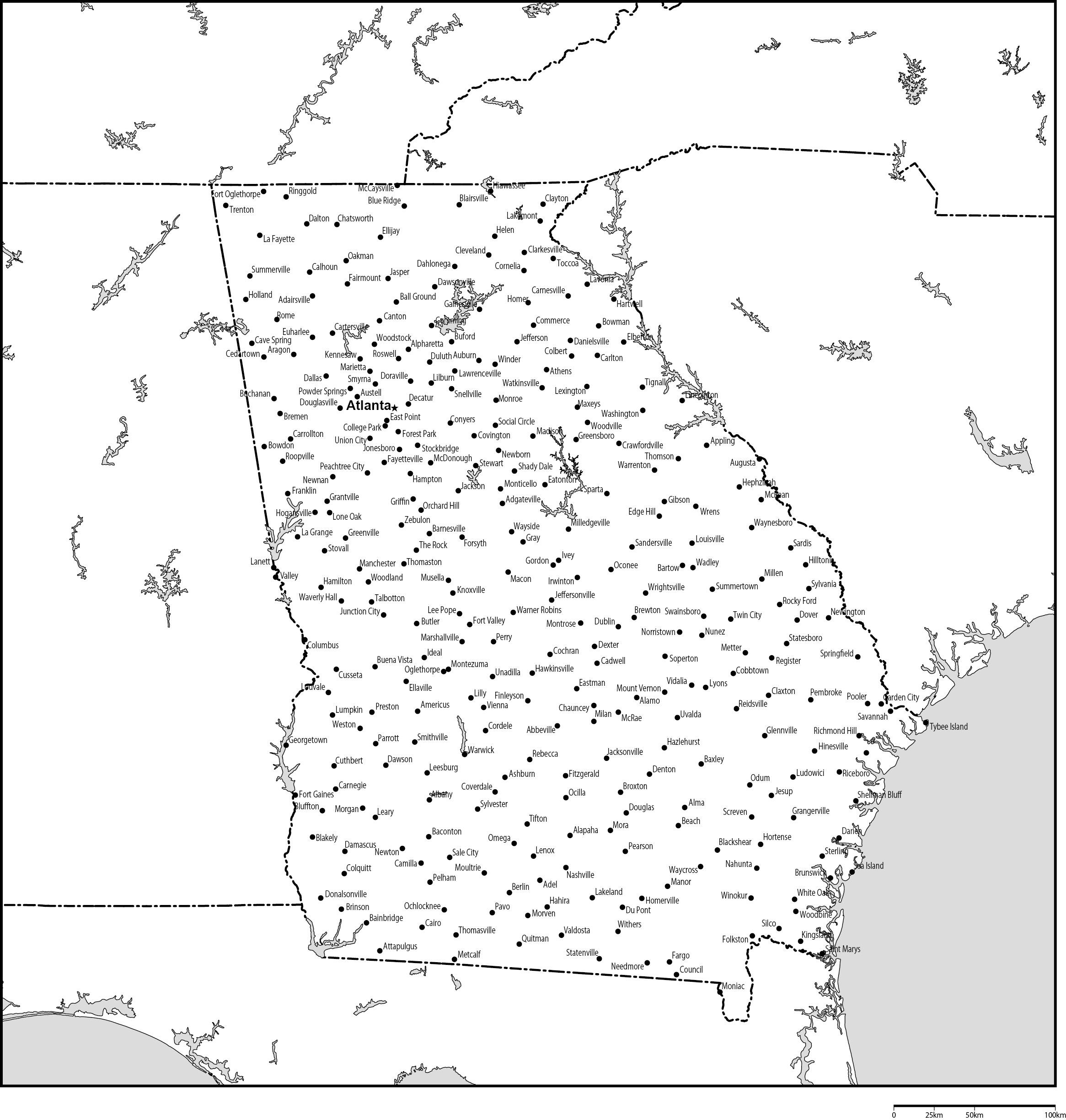 ジョージア州白地図州都・主な都市あり(英語)フリーデータの画像